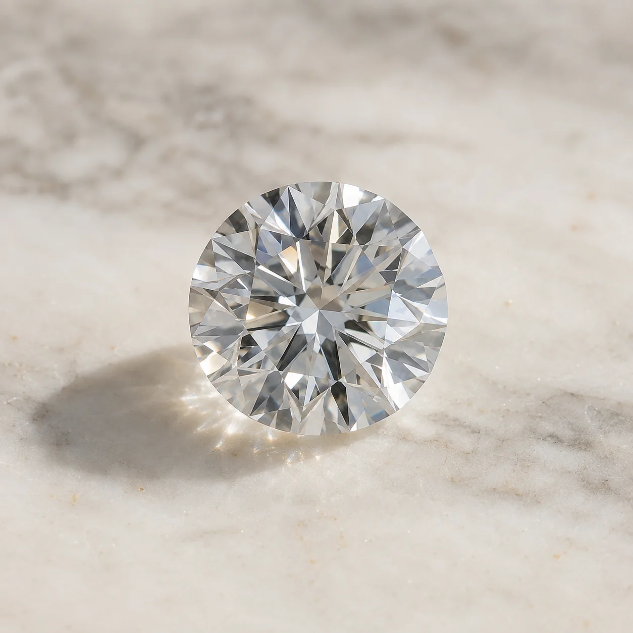 Round brilliant lab-grown diamond on a marble surface.