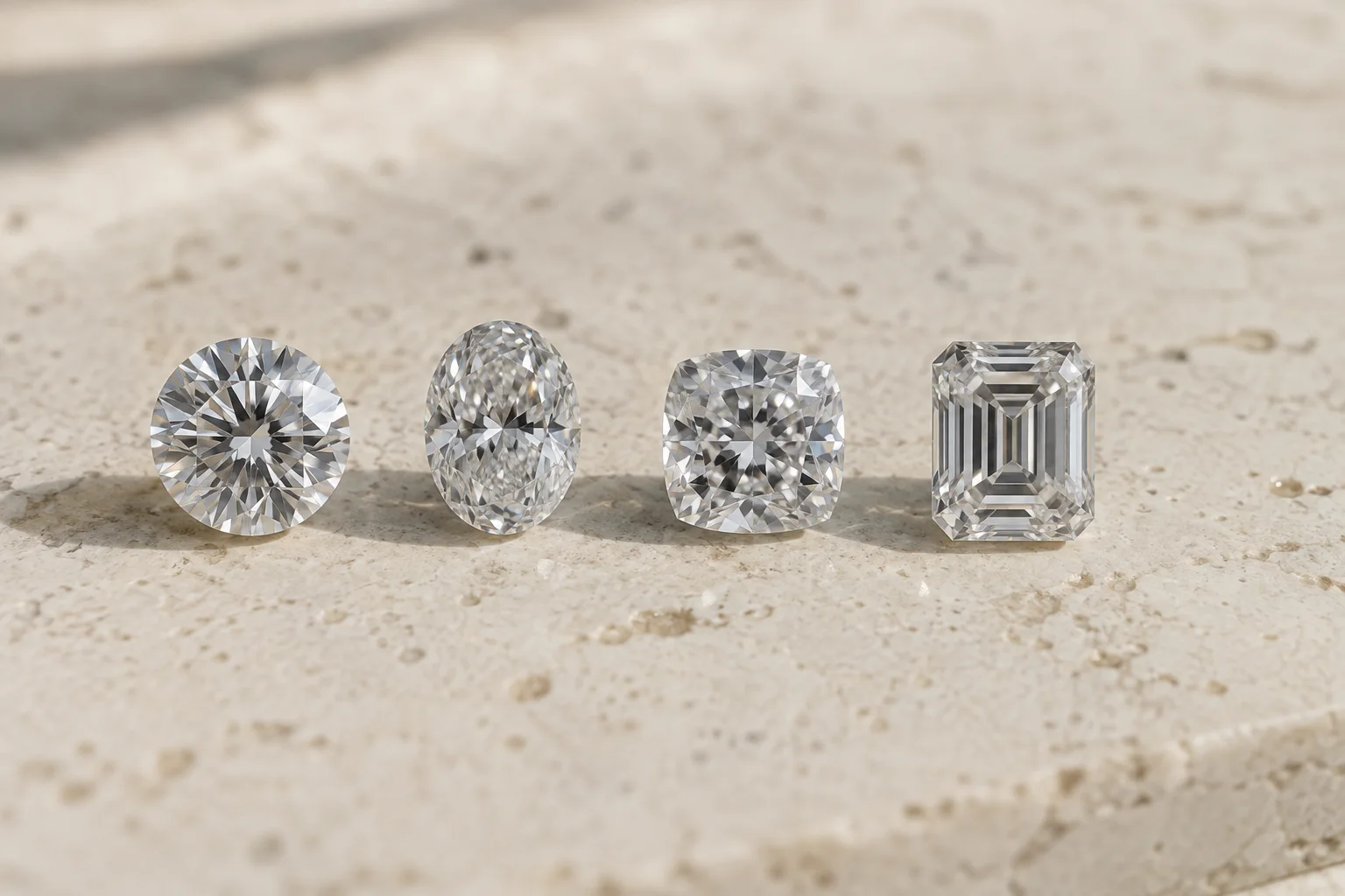 Comparison of round, oval, cushion, and emerald-cut lab-grown diamonds.