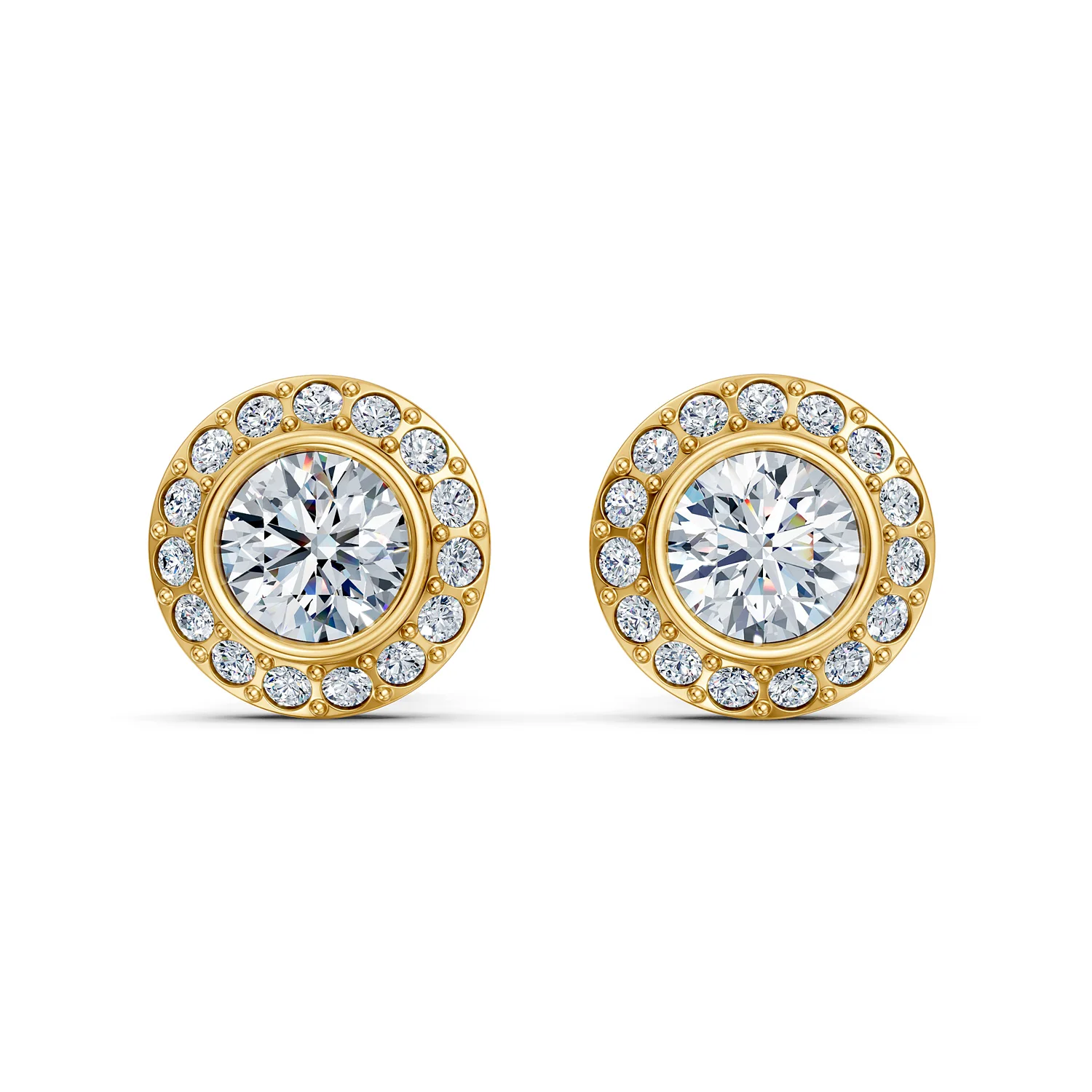 Aurevane round diamond halo stud earrings with large center stones, circular diamond halos, and polished gold settings.
