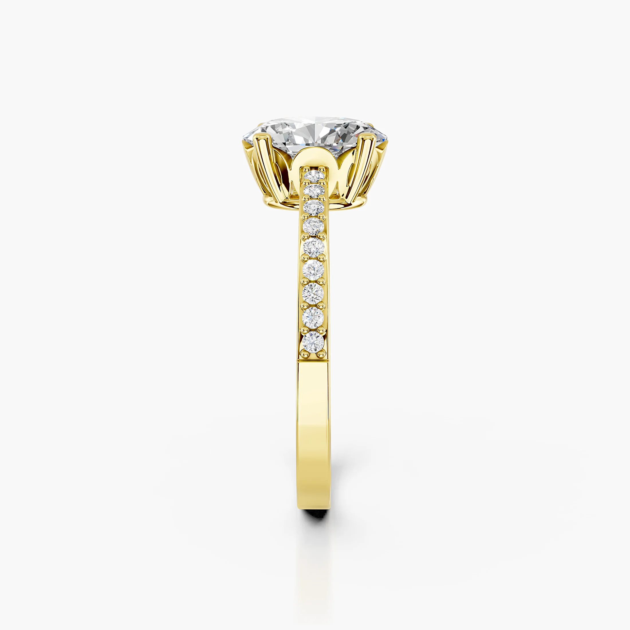 Oval diamond pavé engagement ring with a four-prong center and round diamond shoulders