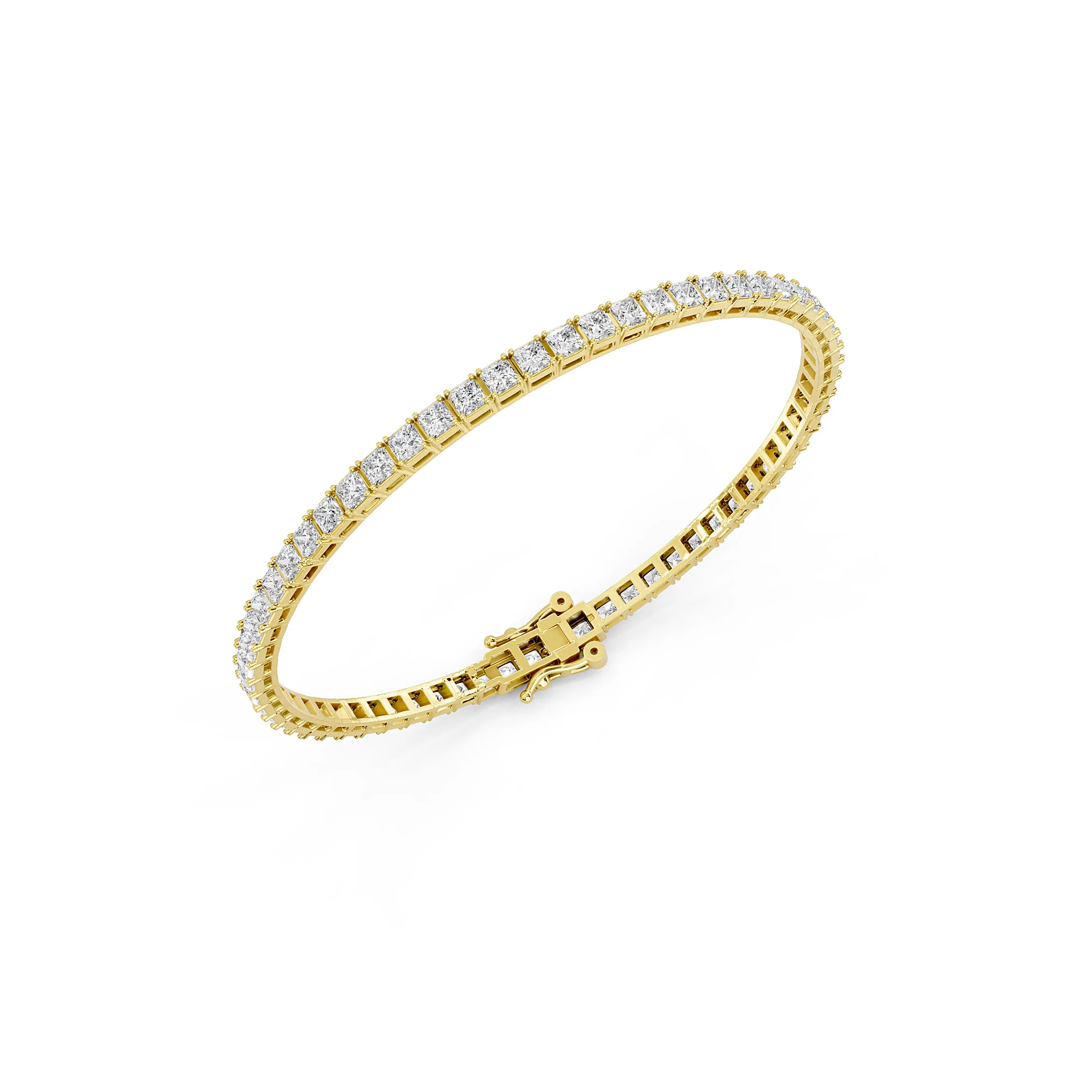 Princess-cut diamond tennis bracelet with articulated square links, four-prong settings, and a box clasp with two safety latches.