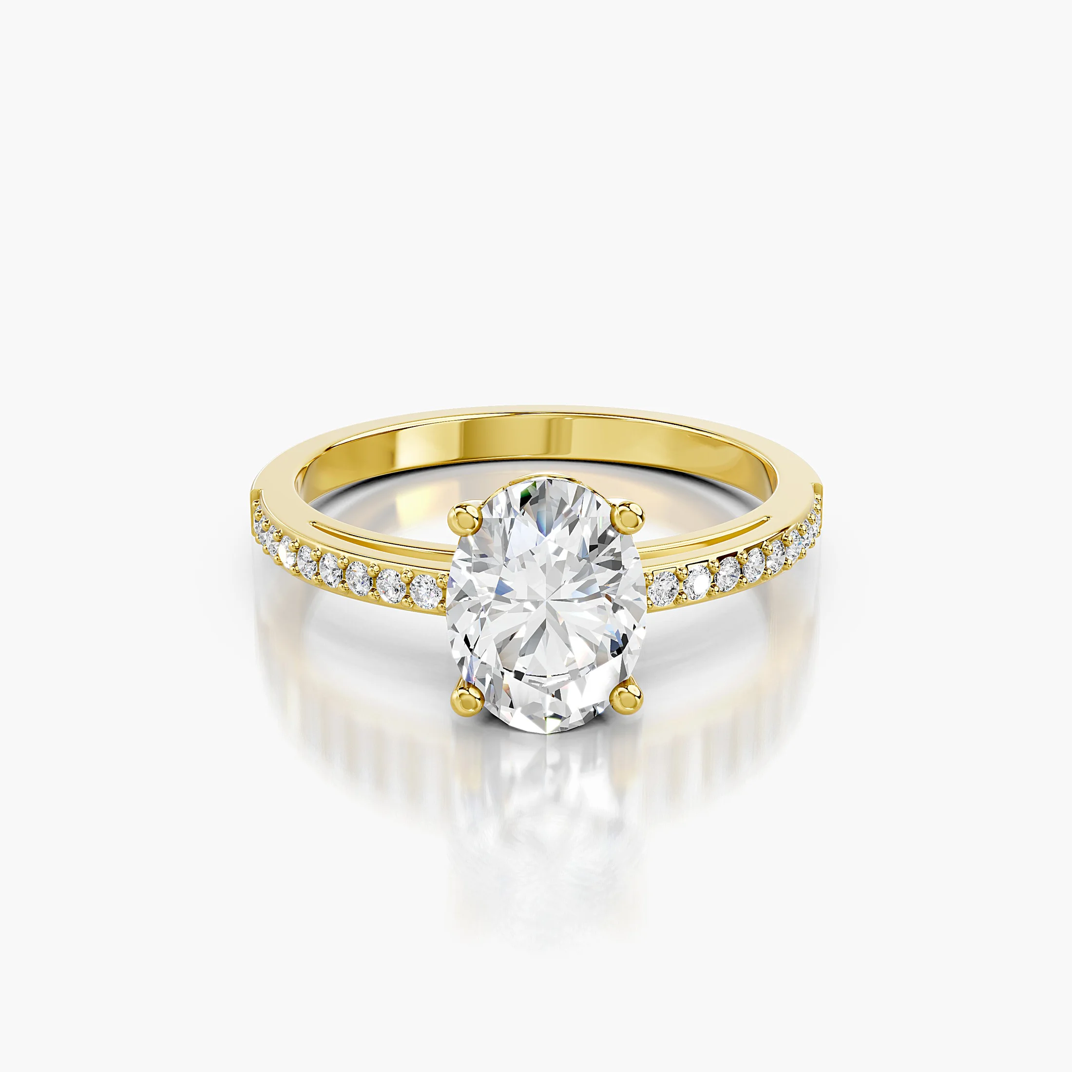 Oval diamond pavé engagement ring with a four-prong center and round diamond shoulders