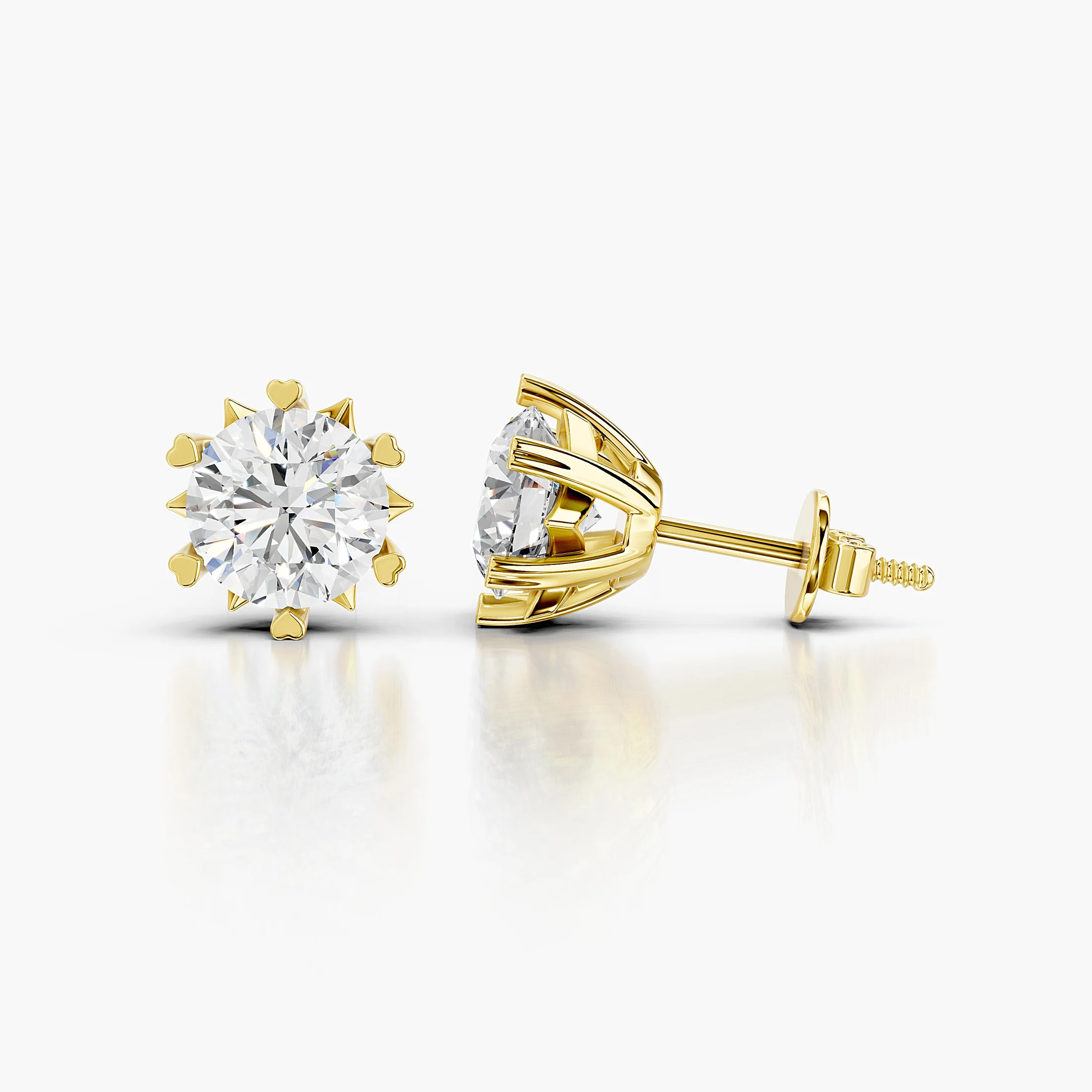Cherivelle round diamond solitaire stud earrings with sculpted heart-shaped prongs and polished gold settings.