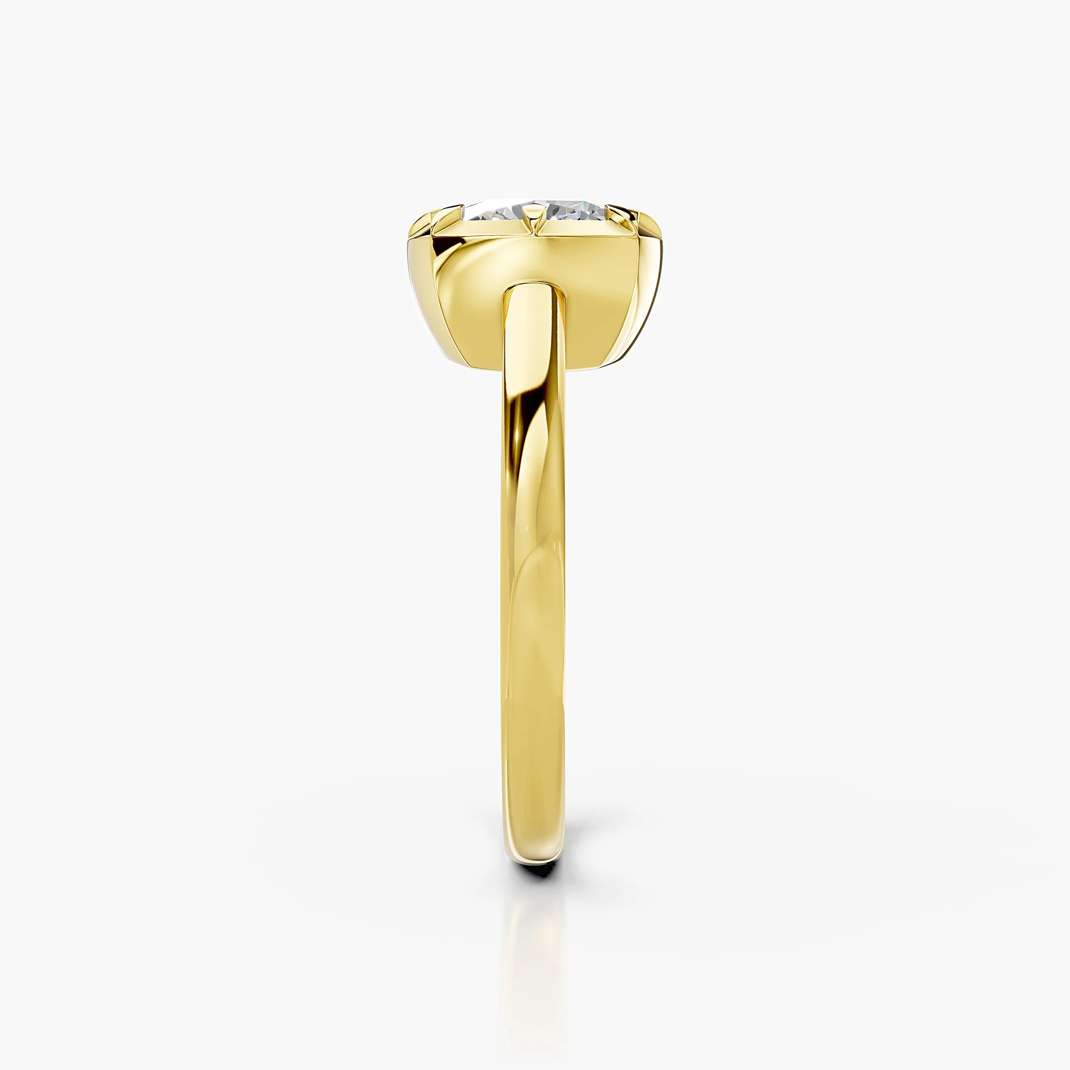 Cushion-cut diamond solitaire ring set in a notched bezel on a polished gold band.