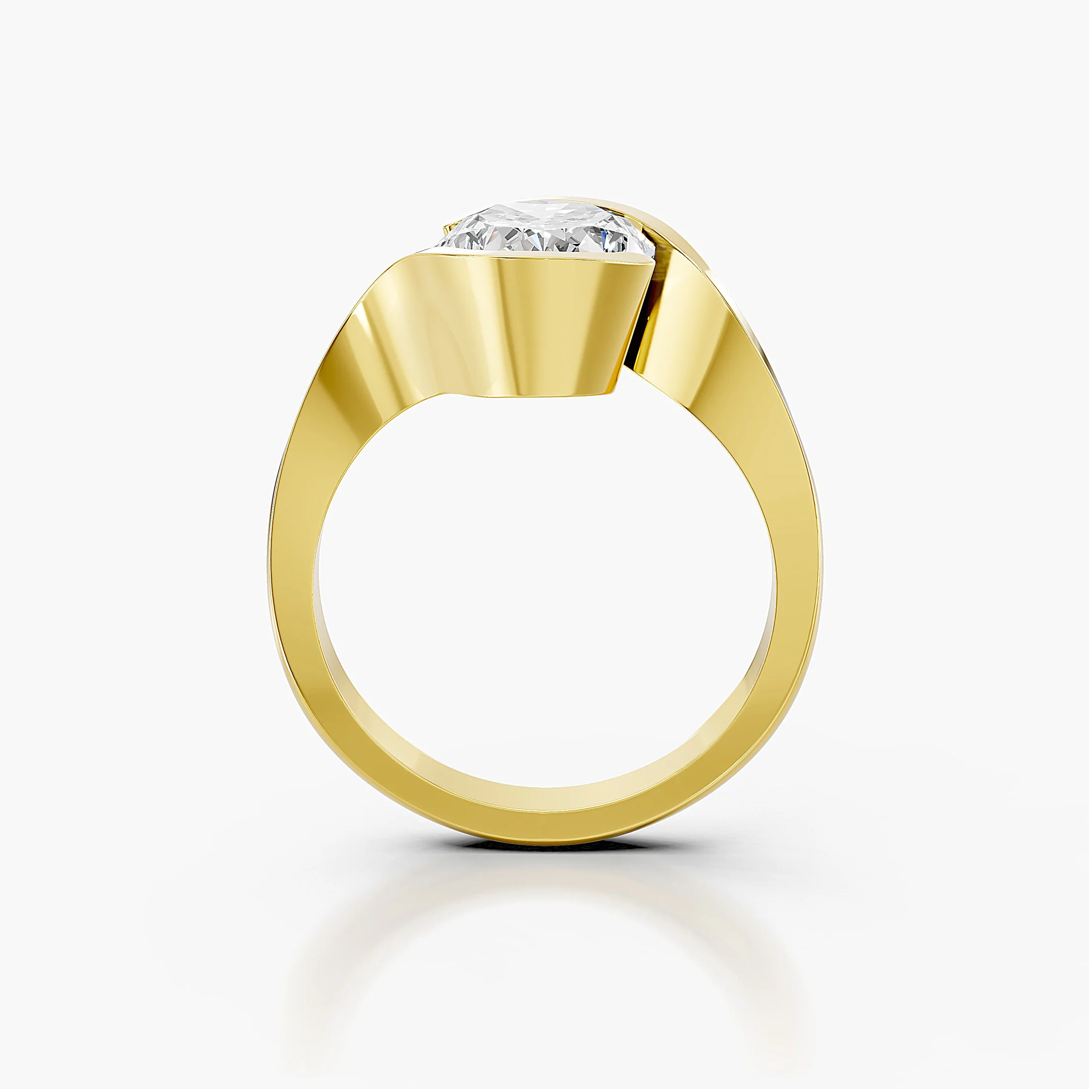 Oval-cut diamond solitaire ring set within a sculptural swirl gold band.