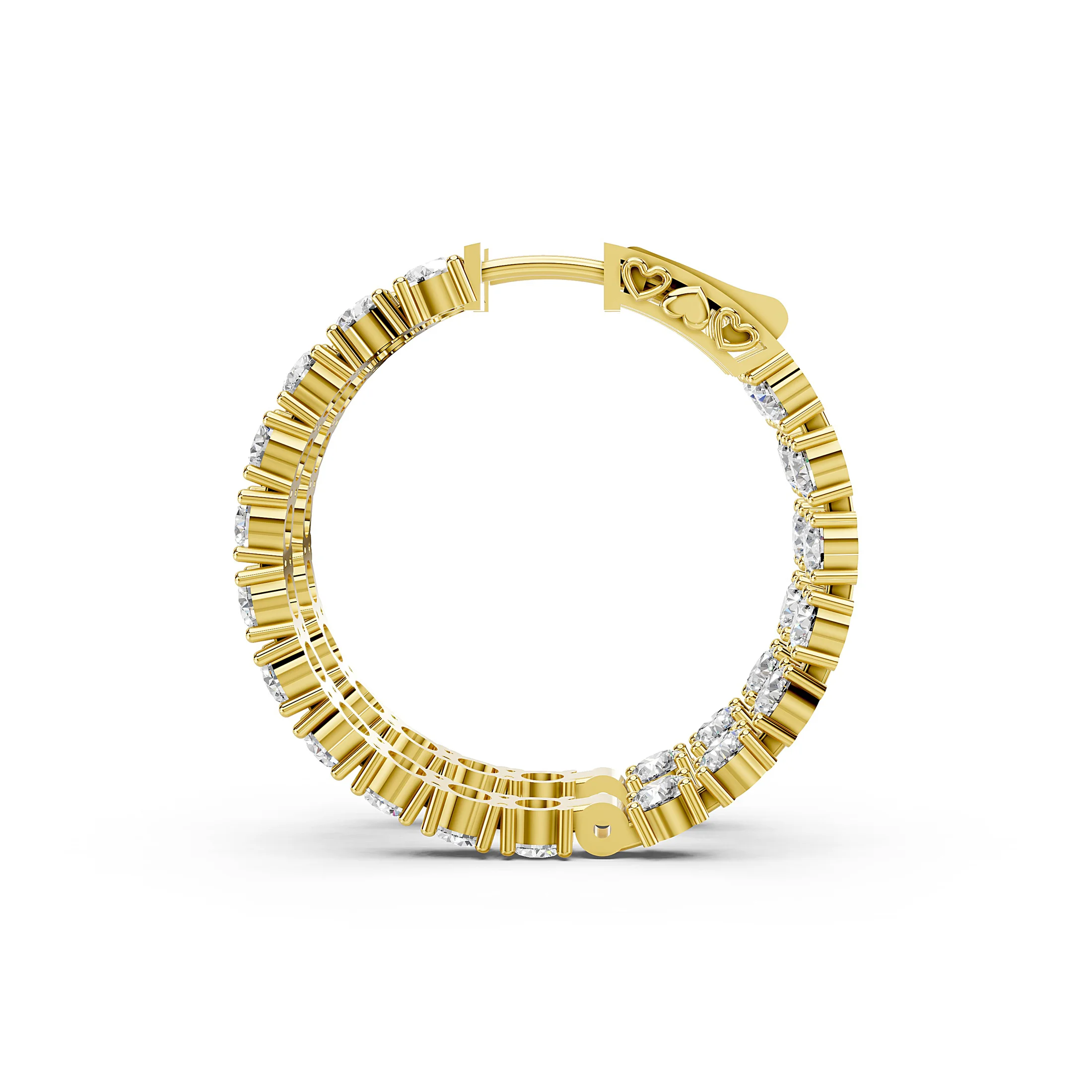 Pair of single-row round diamond hoop earrings with prong settings and hinged latch-back closures.