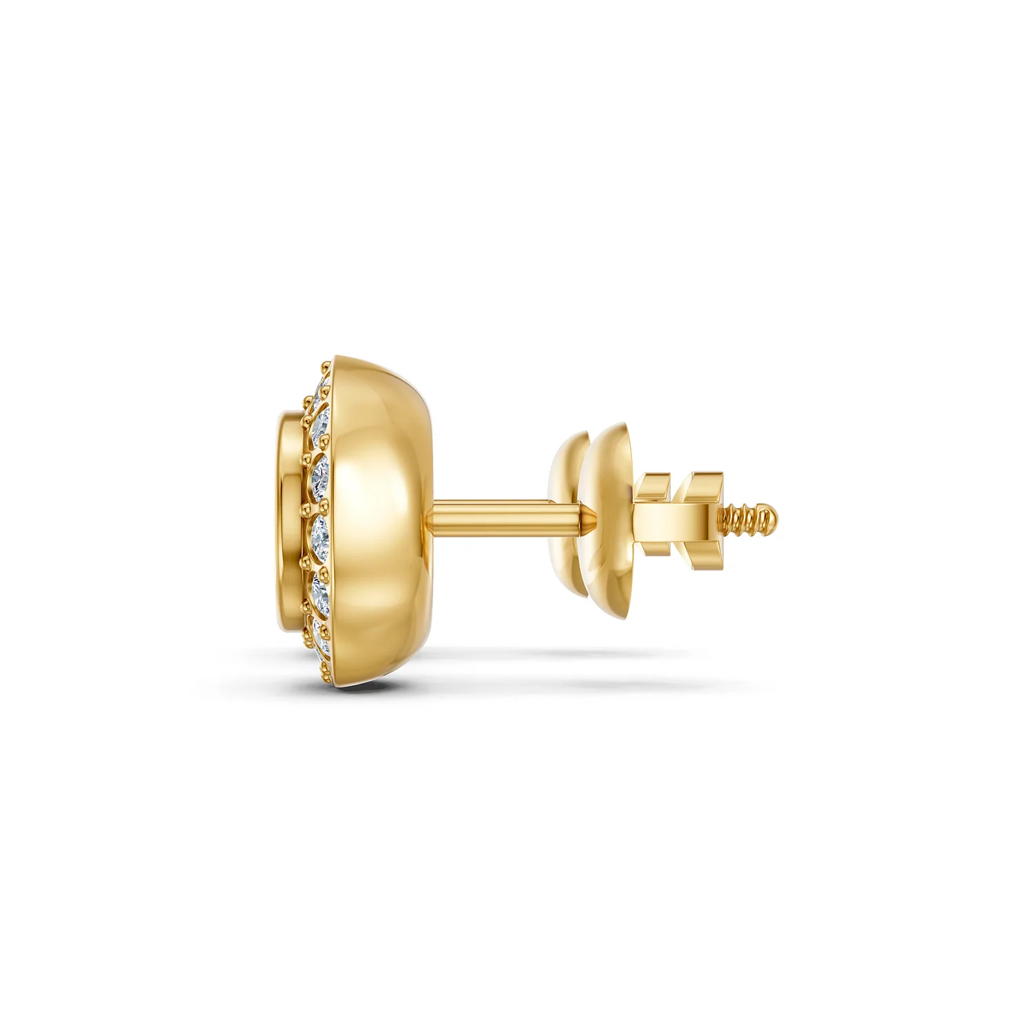 Aurevane round diamond halo stud earrings with large center stones, circular diamond halos, and polished gold settings.