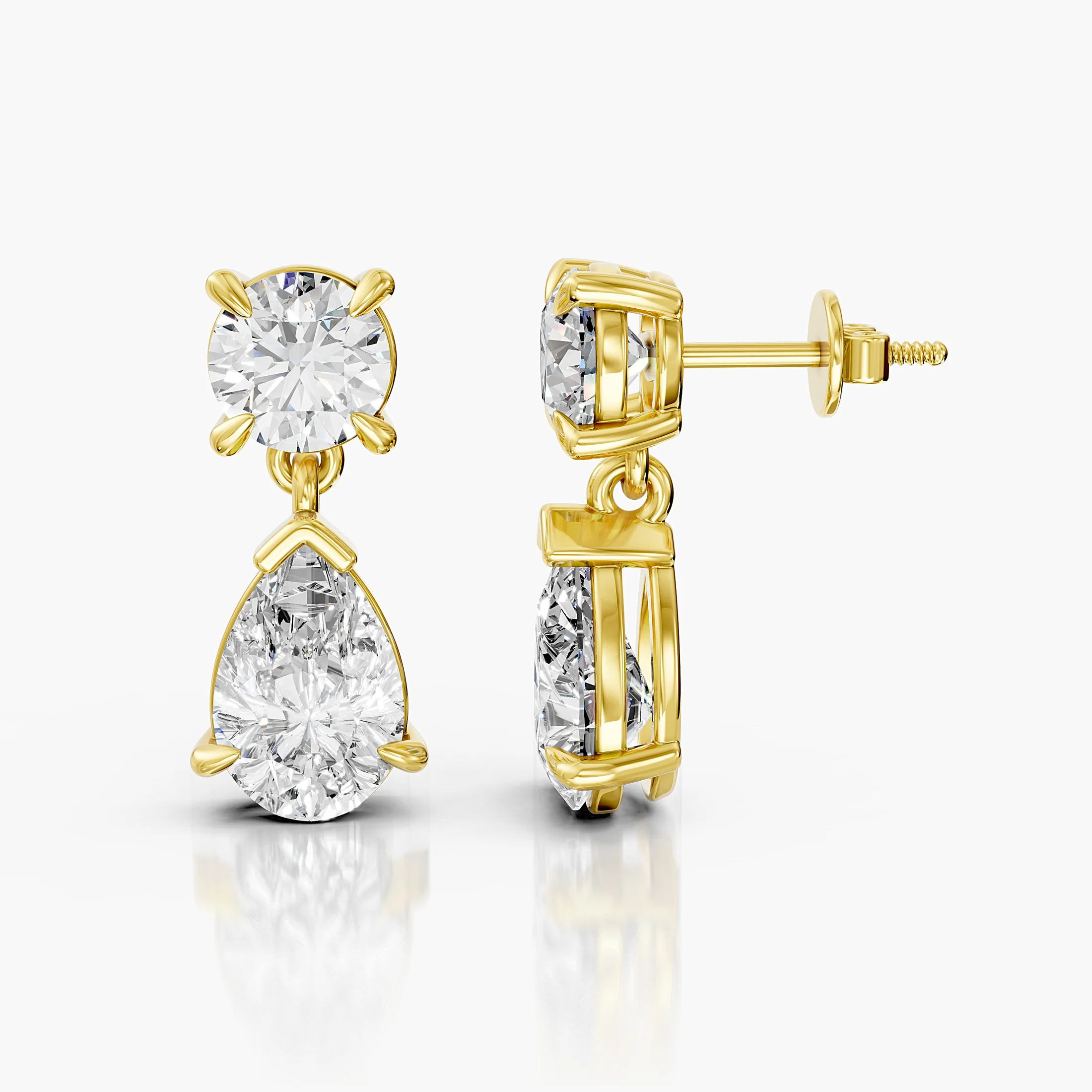 Round and pear-shaped diamond drop earrings with secure screw-back closures