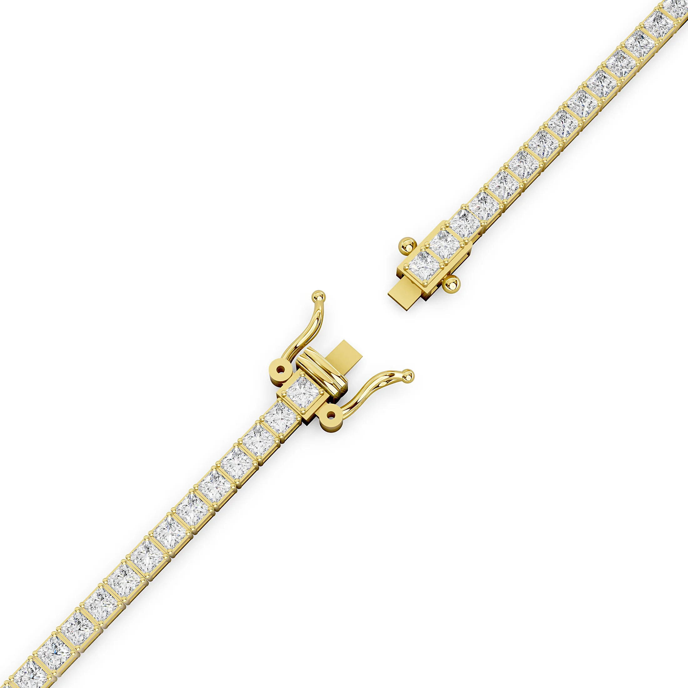 Princess-cut diamond tennis bracelet with articulated square links, four-prong settings, and a box clasp with two safety latches.