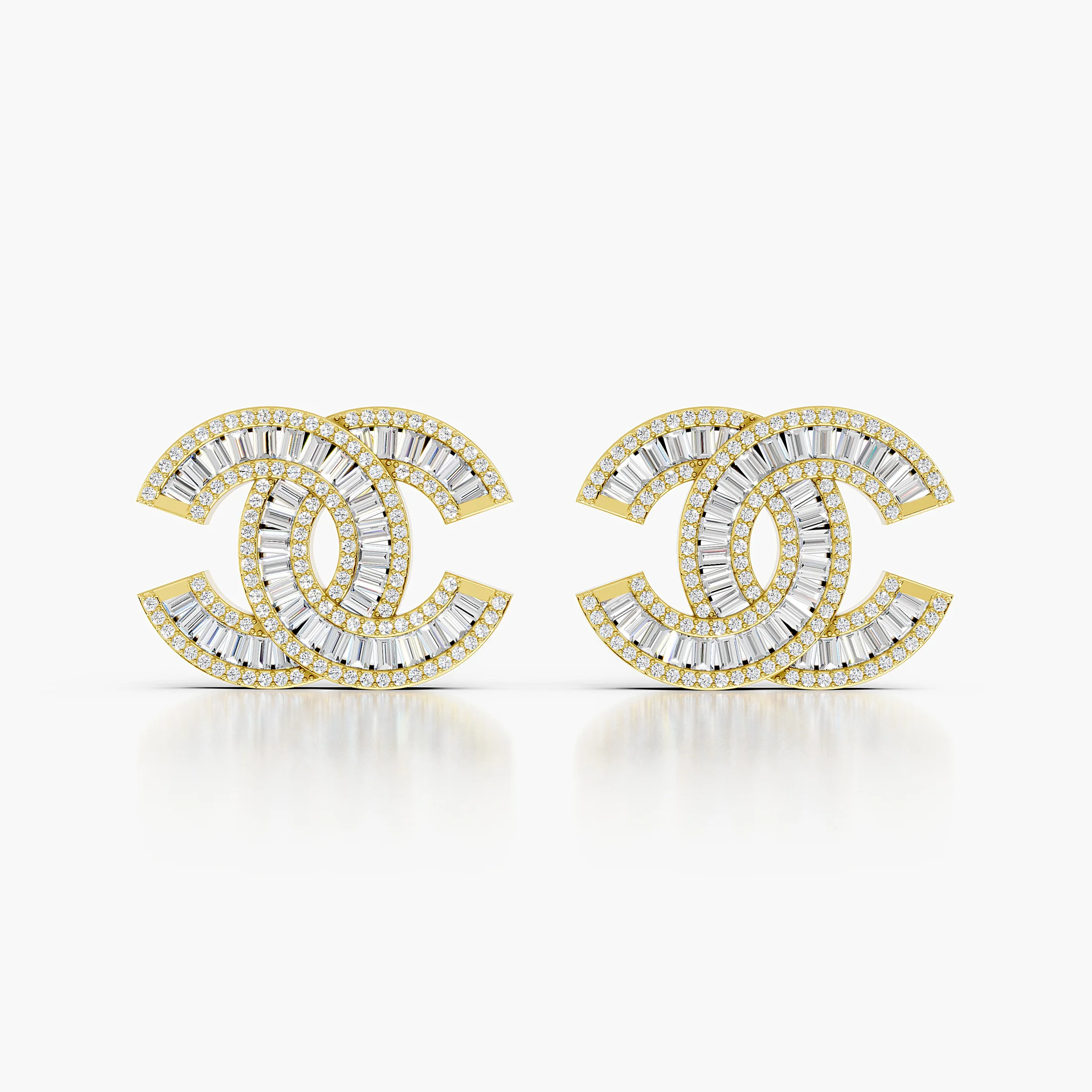 Interlocking motif statement stud earrings with round and tapered baguette diamonds