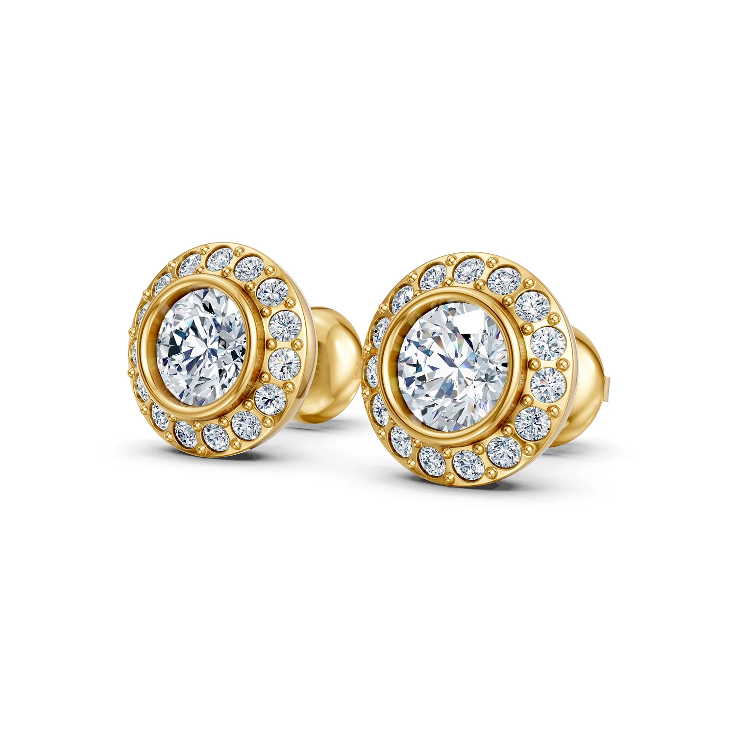 Aurevane round diamond halo stud earrings with large center stones, circular diamond halos, and polished gold settings.