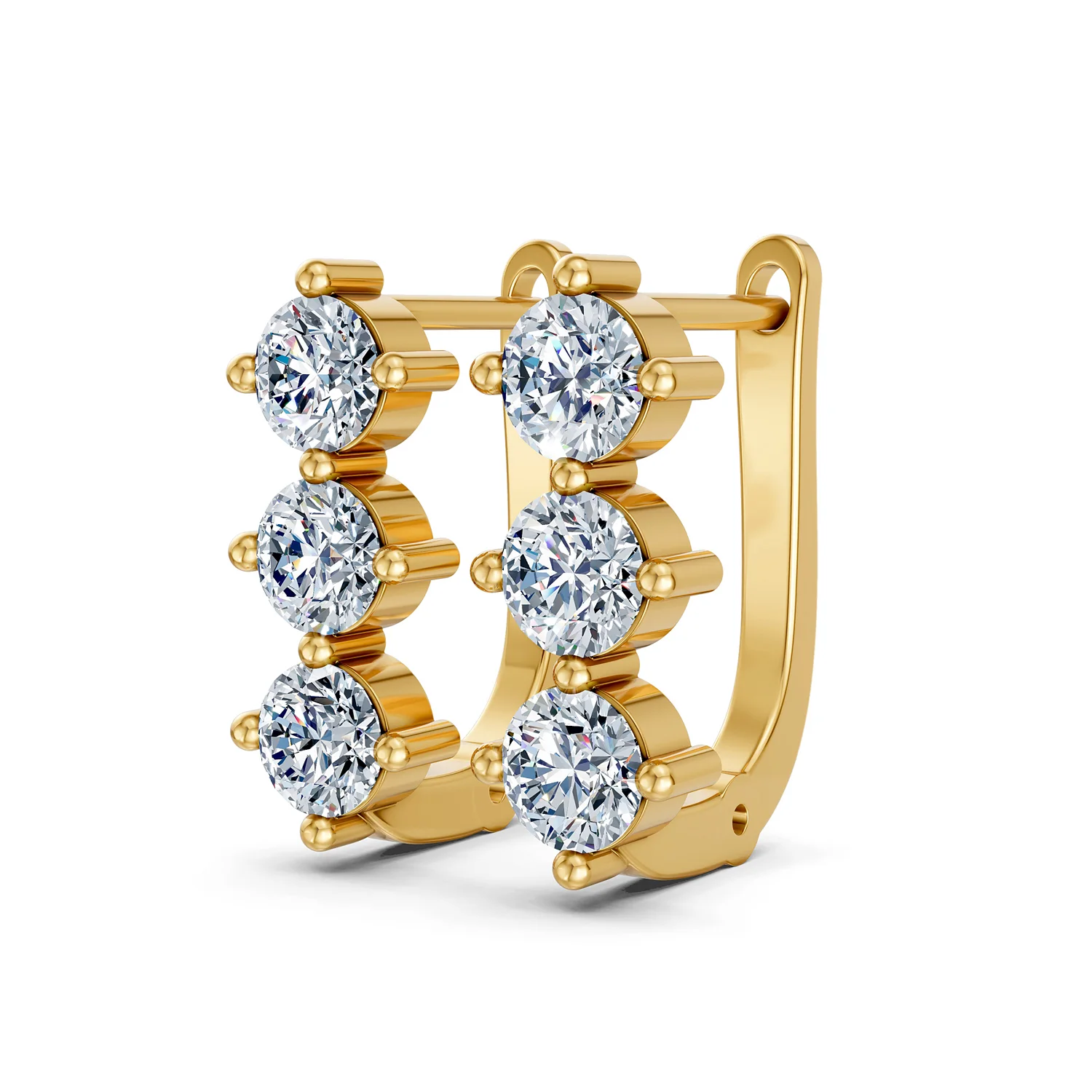 Trivessa three-stone diamond huggie earrings with vertical round diamonds and polished hinged gold frames.