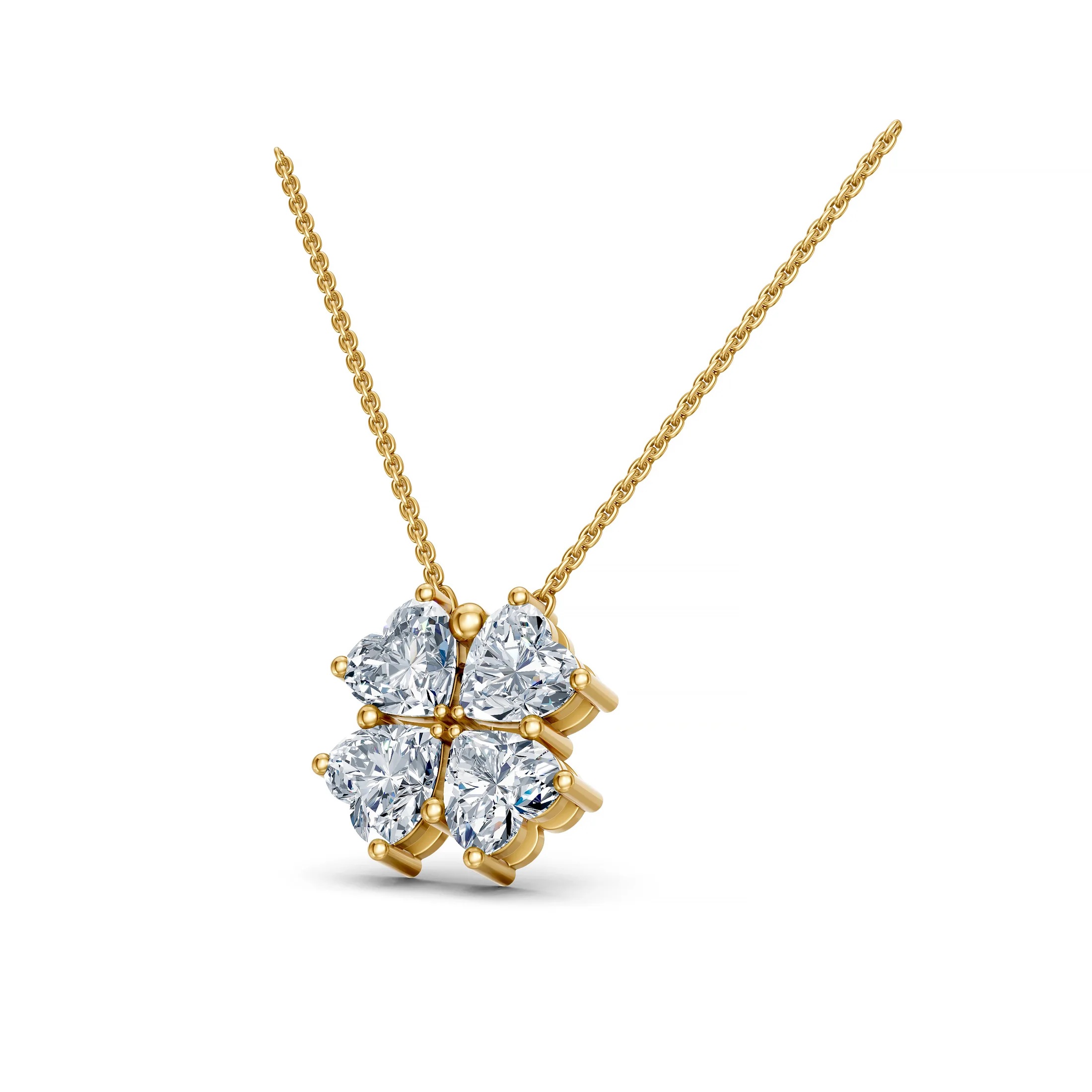 Four heart-shaped diamonds arranged as a clover pendant necklace