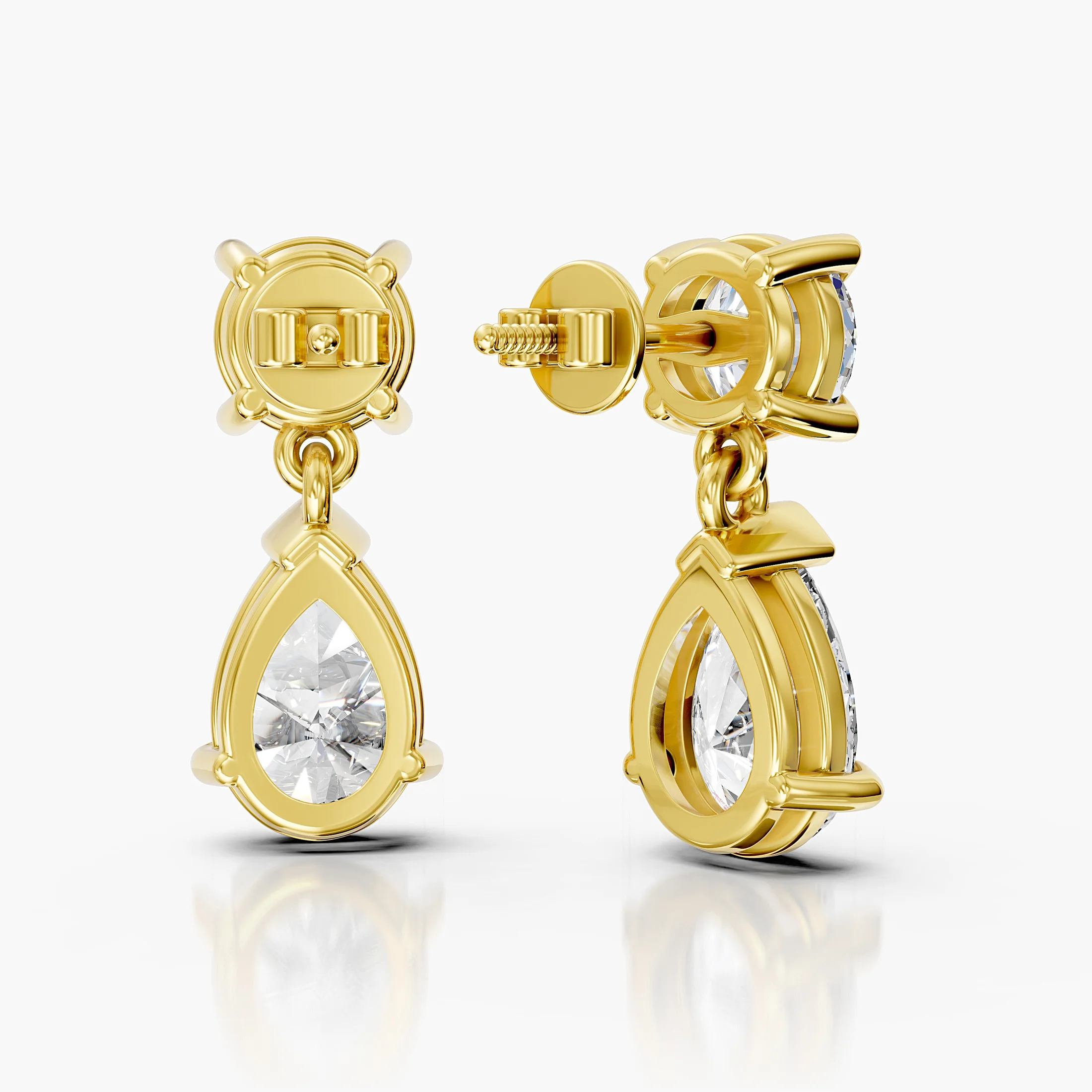 Round and pear-shaped diamond drop earrings with secure screw-back closures