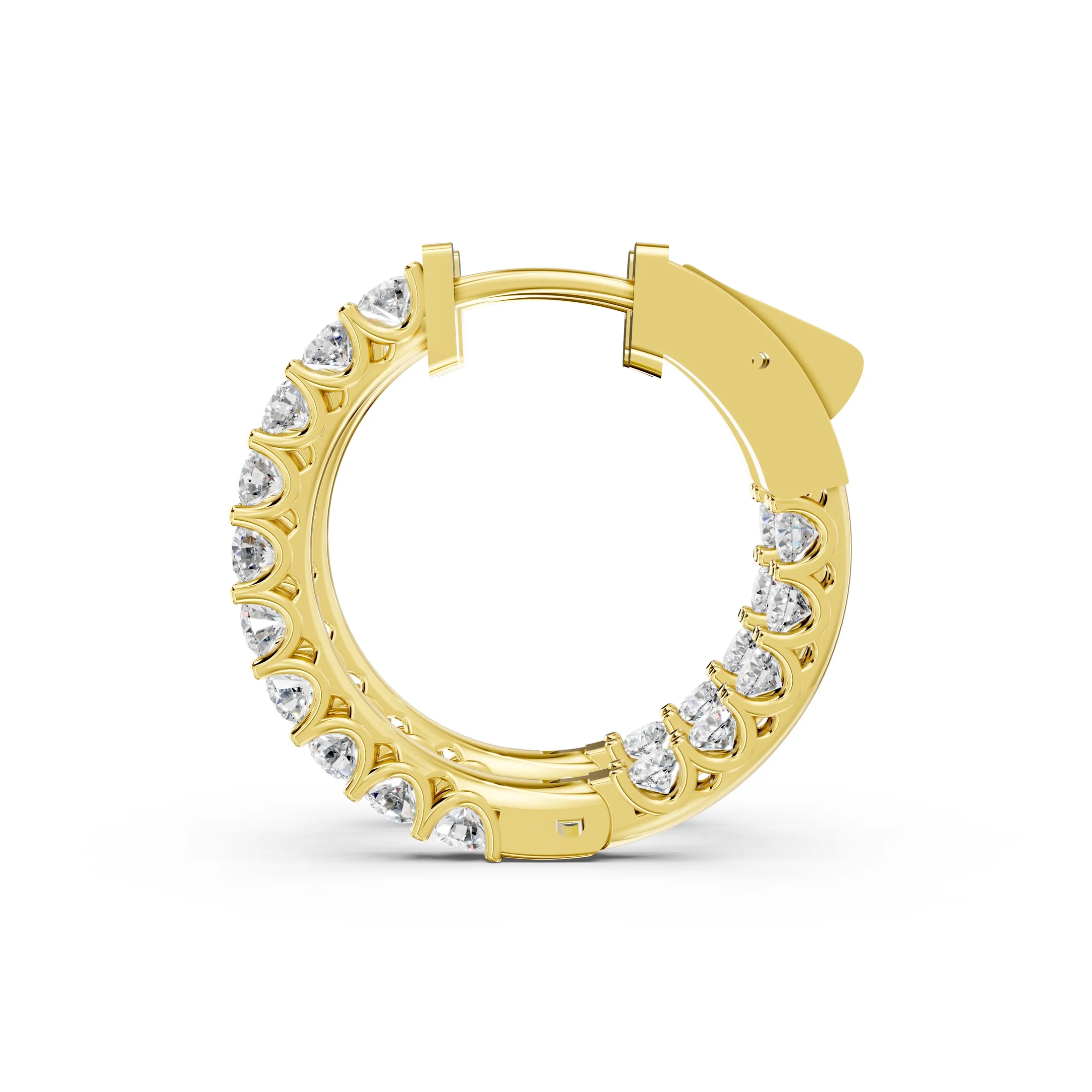 Pair of round diamond hoop earrings with prong-set stones and hinged latch-back closures.