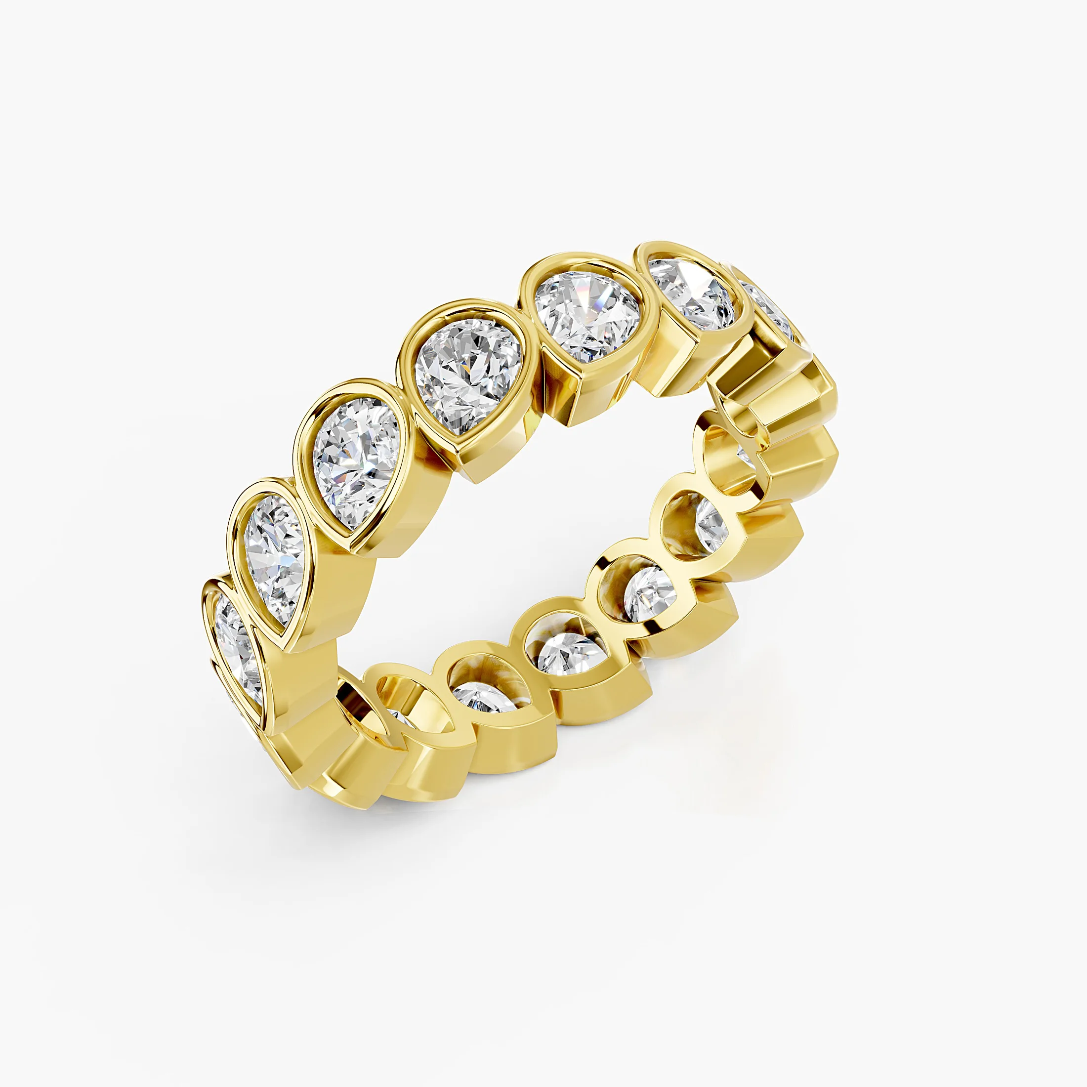 Full eternity band featuring pear-cut diamonds set in individual bezels around the ring.