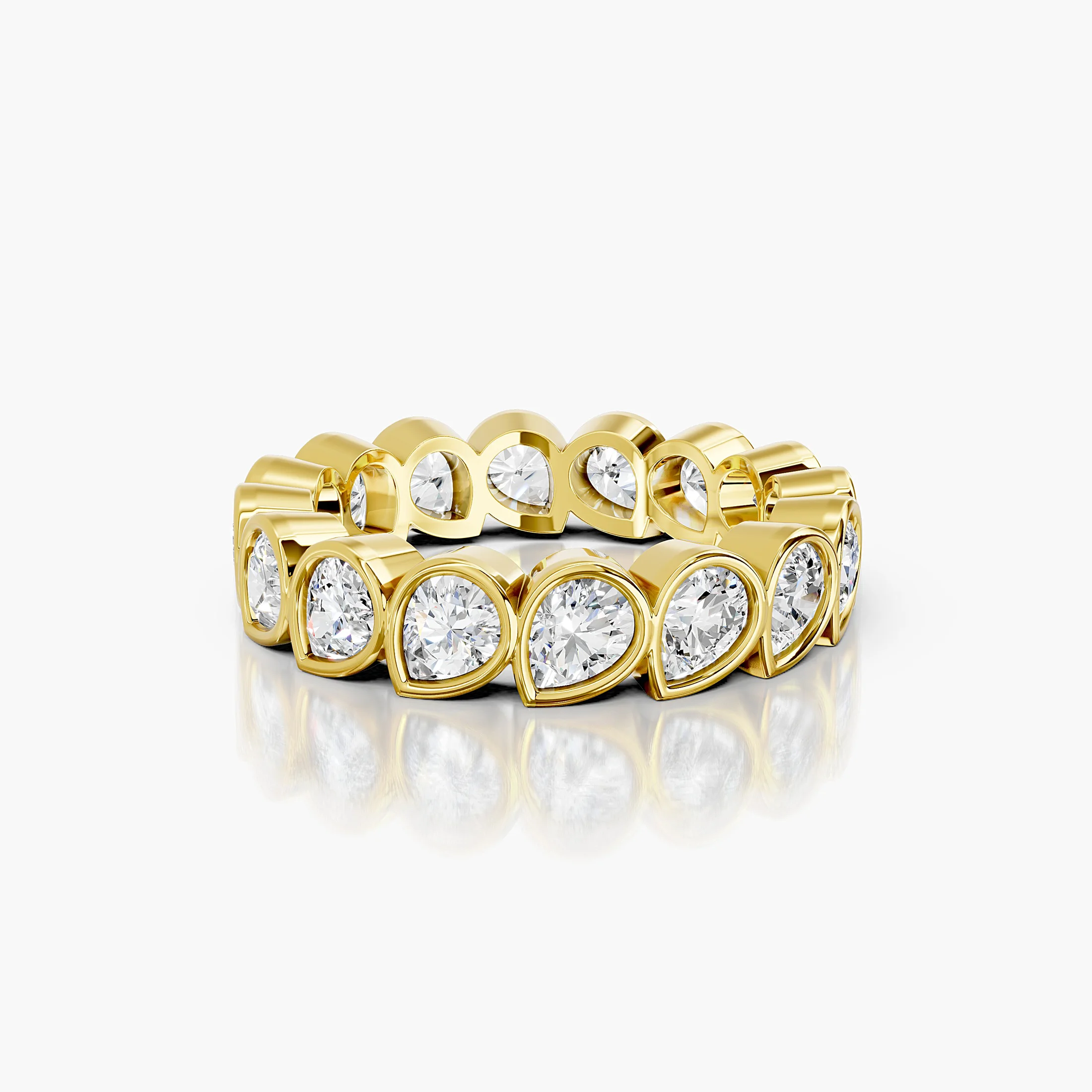Full eternity band featuring pear-cut diamonds set in individual bezels around the ring.