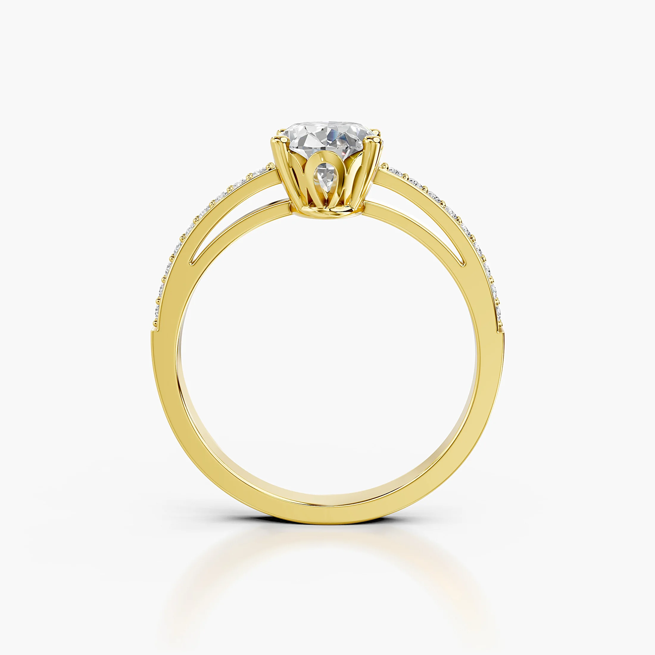 Oval diamond pavé engagement ring with a four-prong center and round diamond shoulders
