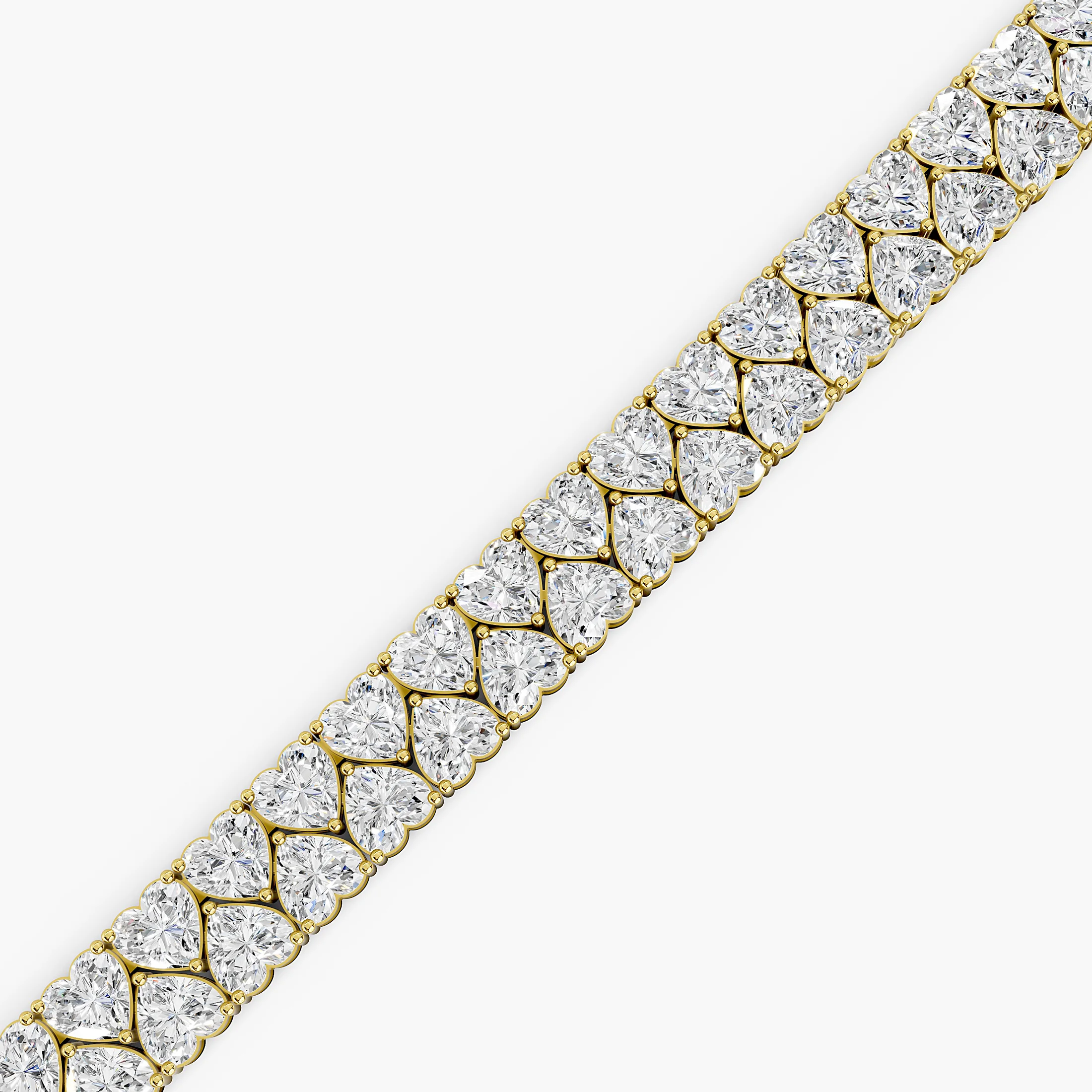 Two-row heart-shaped diamond tennis bracelet with articulated links and a concealed box clasp with dual safety latches.