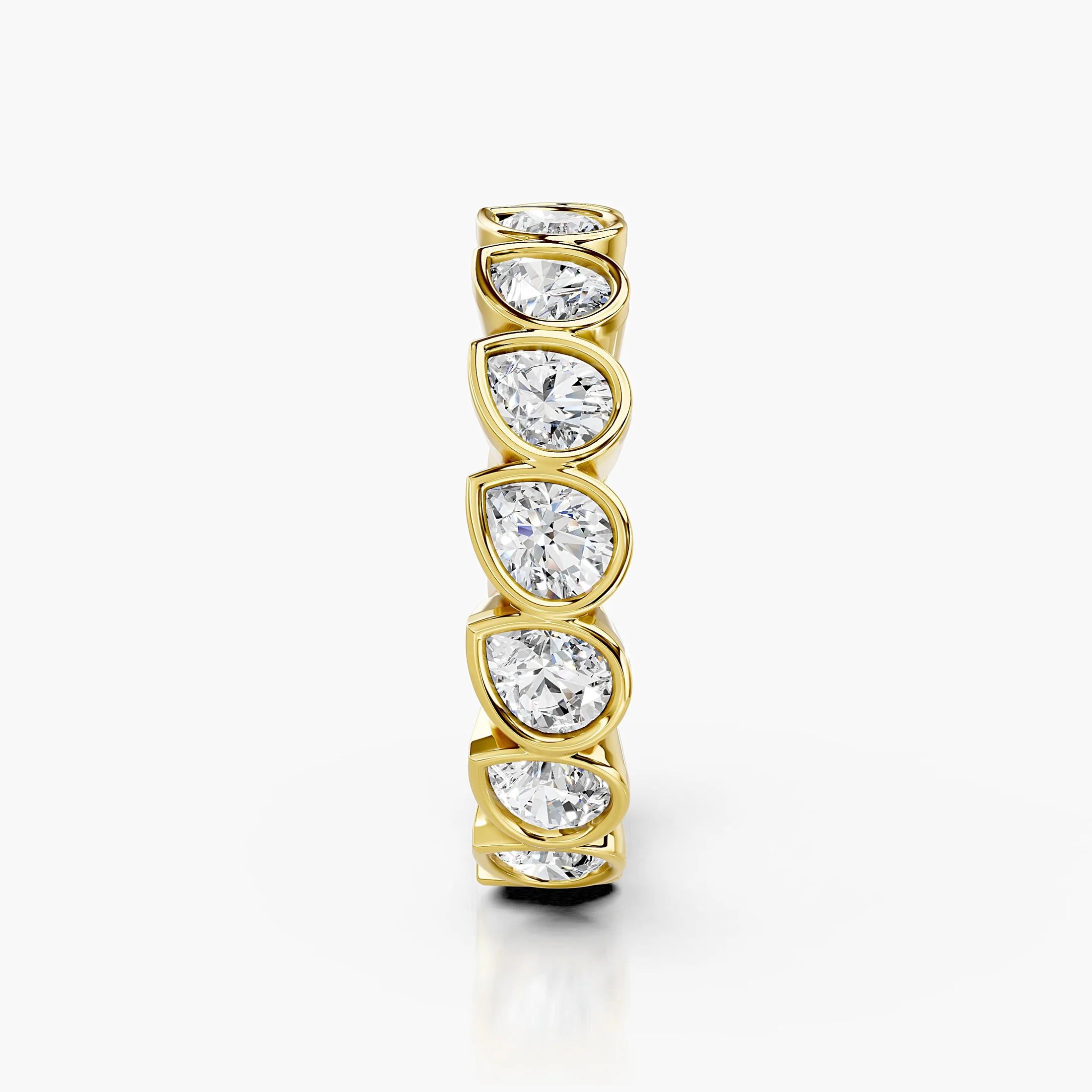Full eternity band featuring pear-cut diamonds set in individual bezels around the ring.