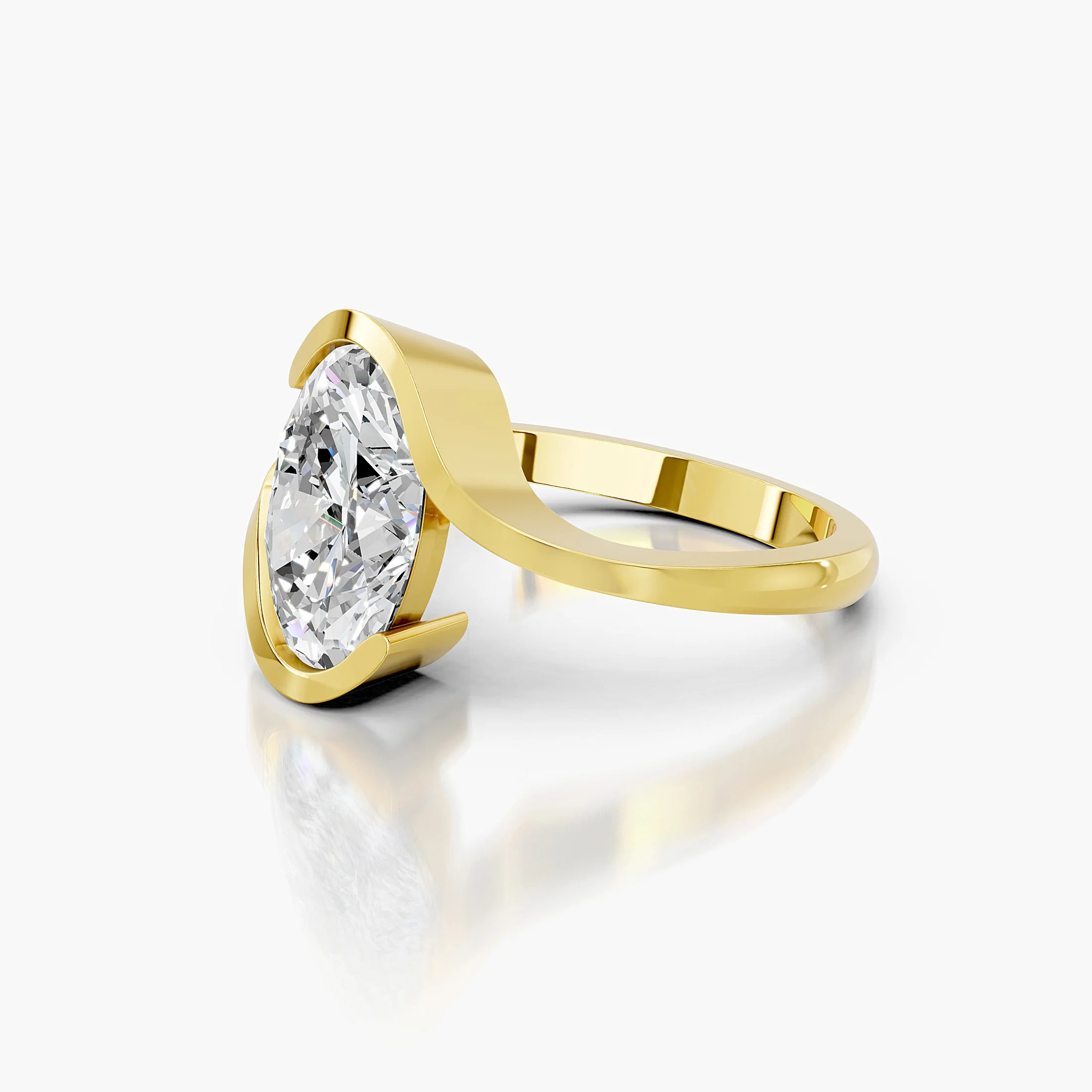 Oval-cut diamond solitaire ring set within a sculptural swirl gold band.