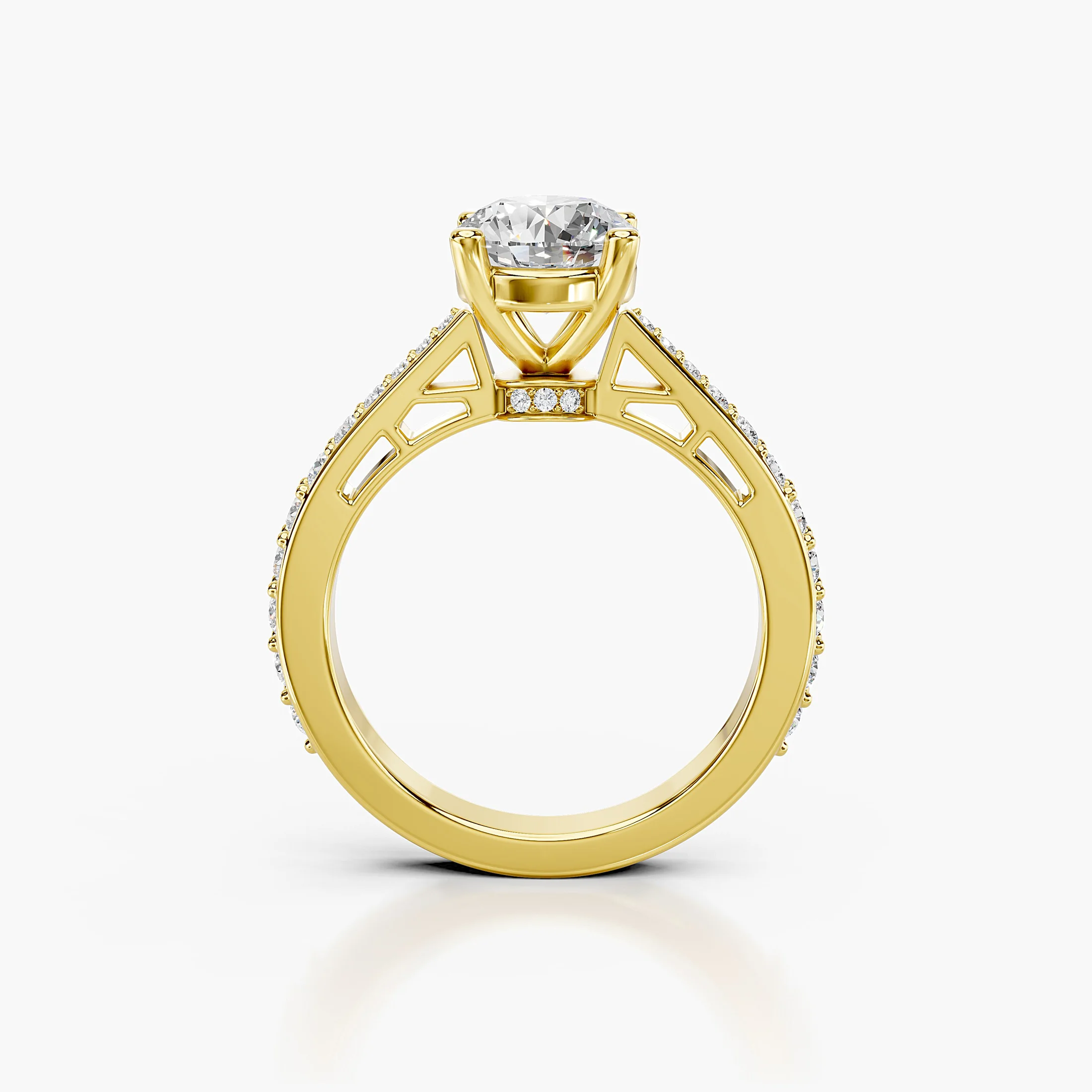 Round centre diamond in a raised four-prong setting with graduated round side stones and a diamond-accented gallery