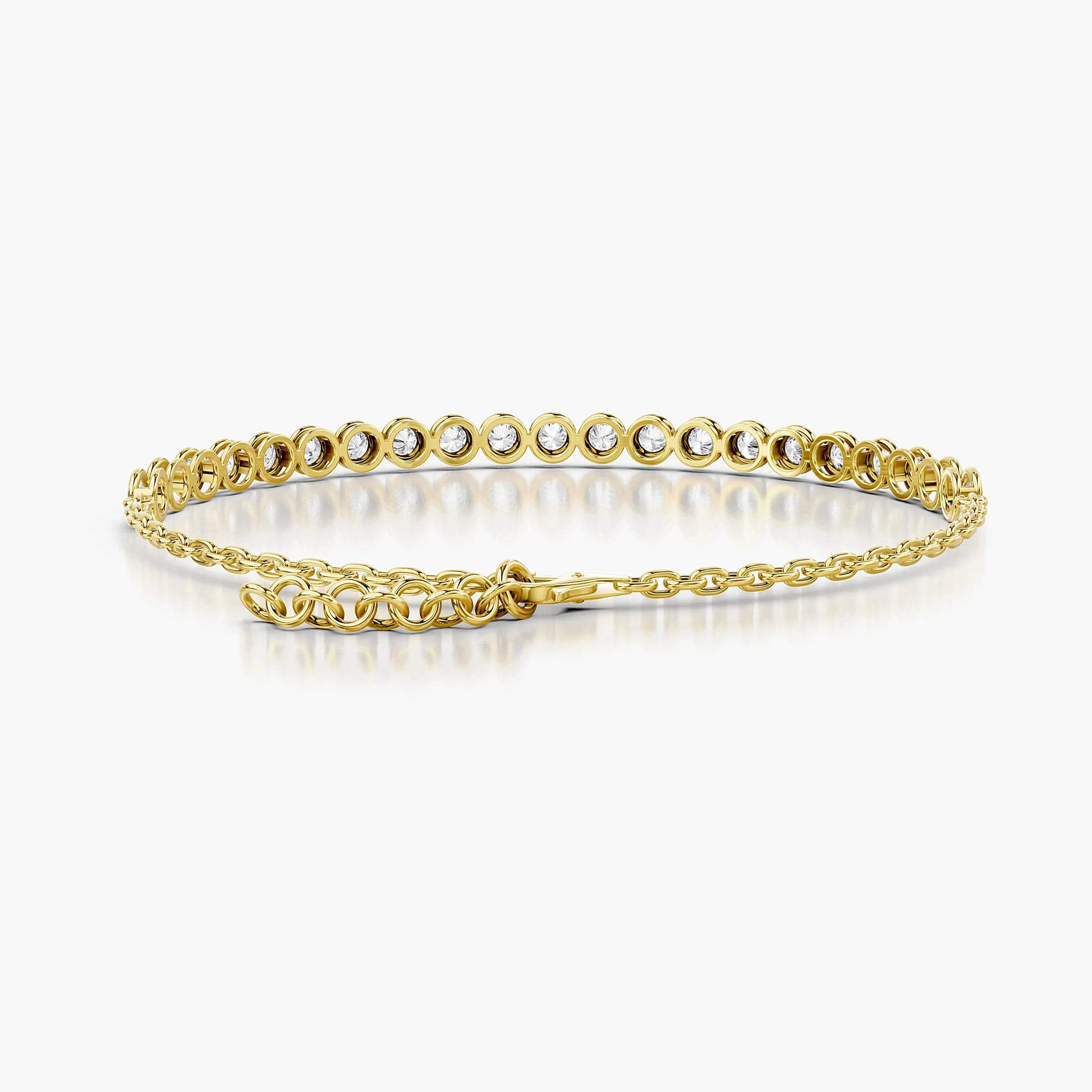 Round diamond link bracelet featuring graduated concentric circular frames, a flexible chain and a lobster clasp.