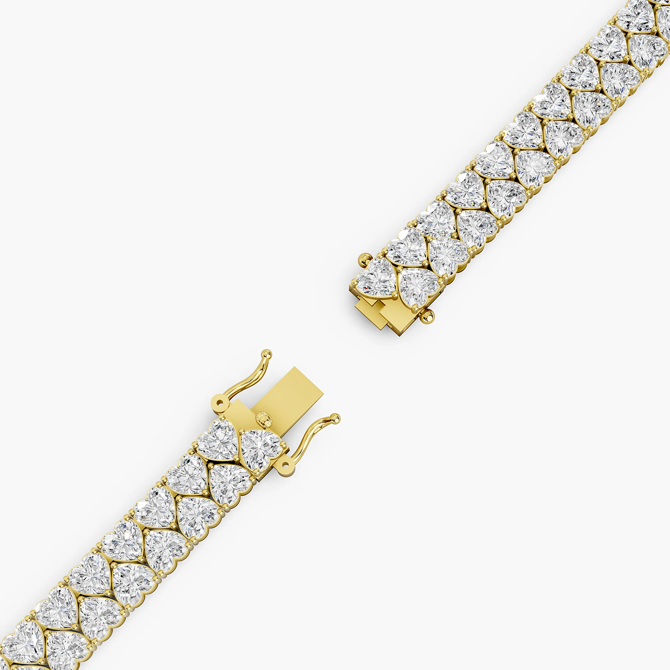 Two-row heart-shaped diamond tennis bracelet with articulated links and a concealed box clasp with dual safety latches.
