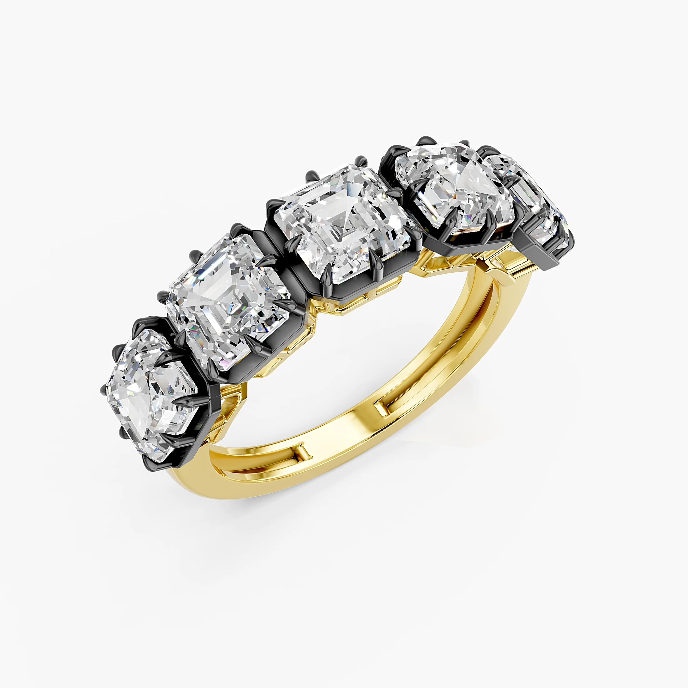 Statement ring featuring five Asscher-cut diamonds set in dark contrast prongs on a polished gold band.