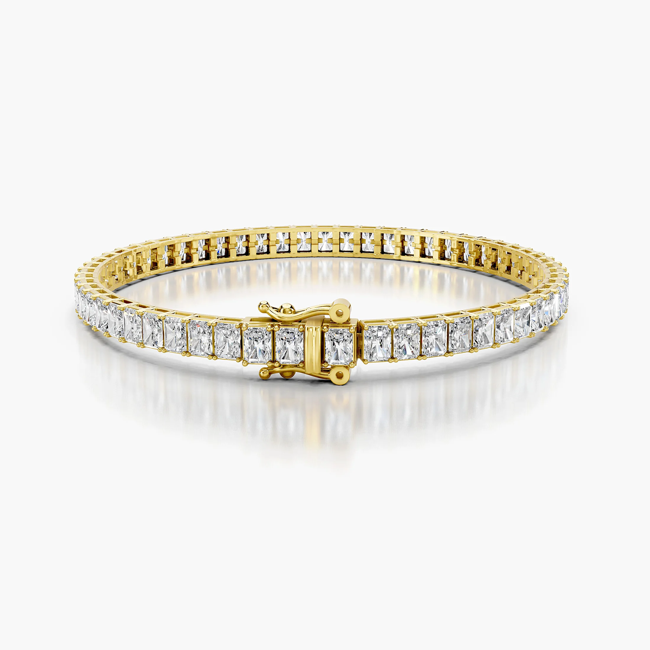 Elongated radiant-cut diamond tennis bracelet with flexible rectangular links and an integrated box clasp with two safety latches.