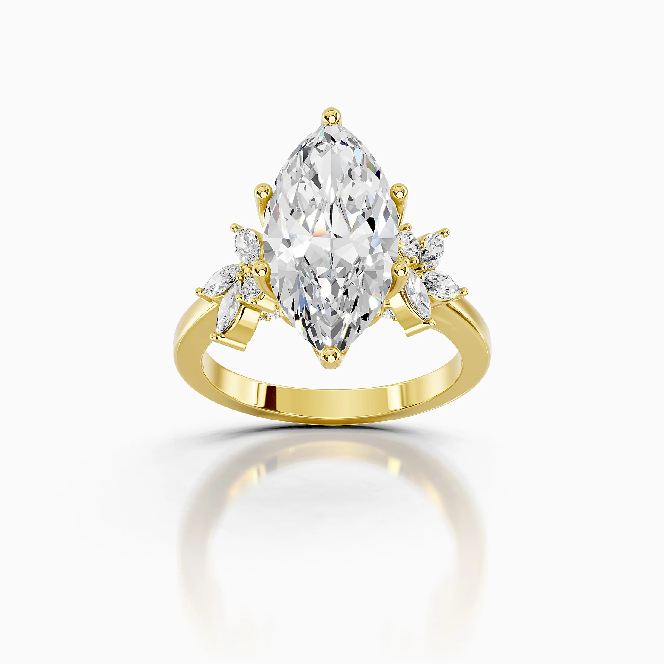 Marquise center-stone engagement ring with clustered round and marquise diamond accents.