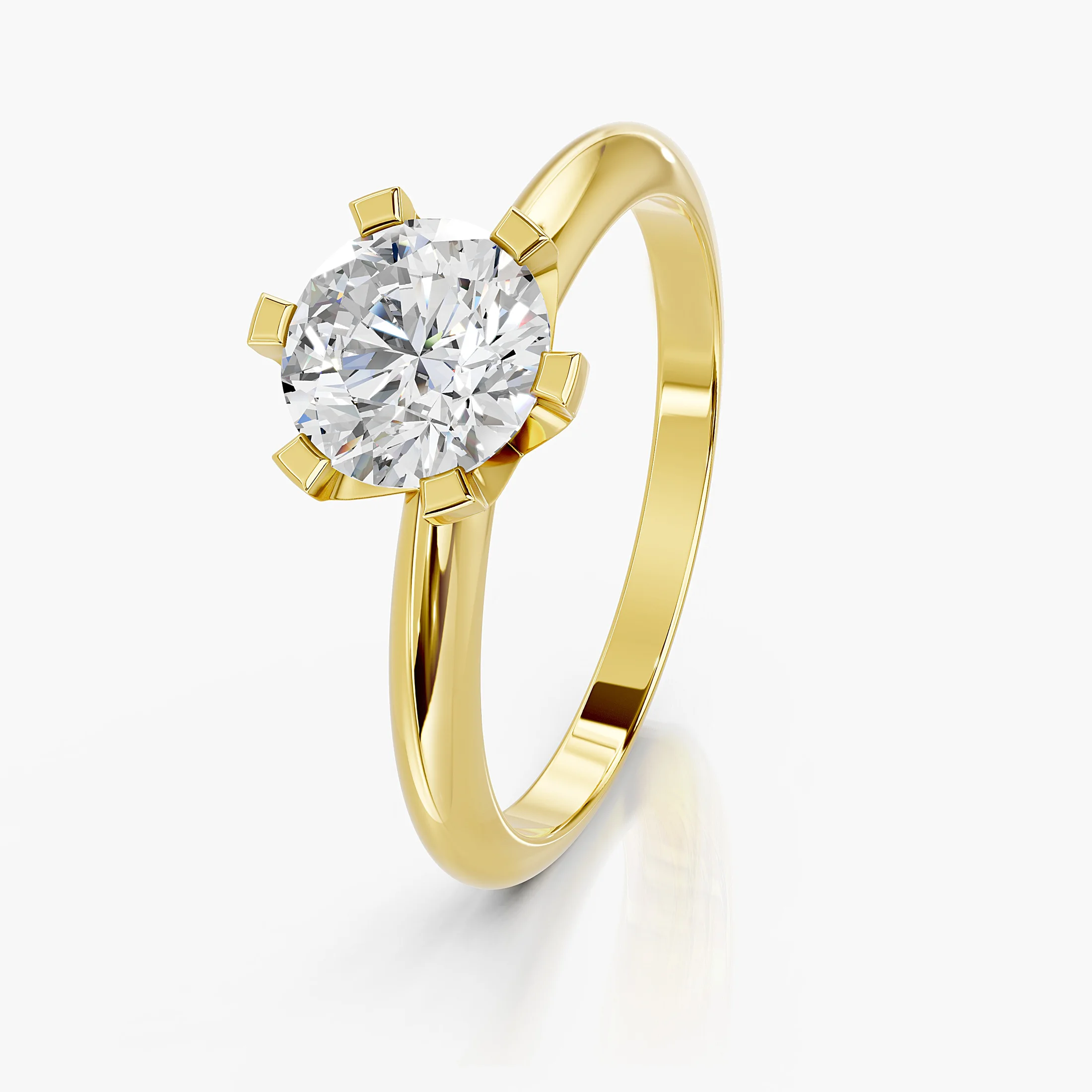 Round diamond solitaire ring held by angular eight-prong setting on a polished gold band.