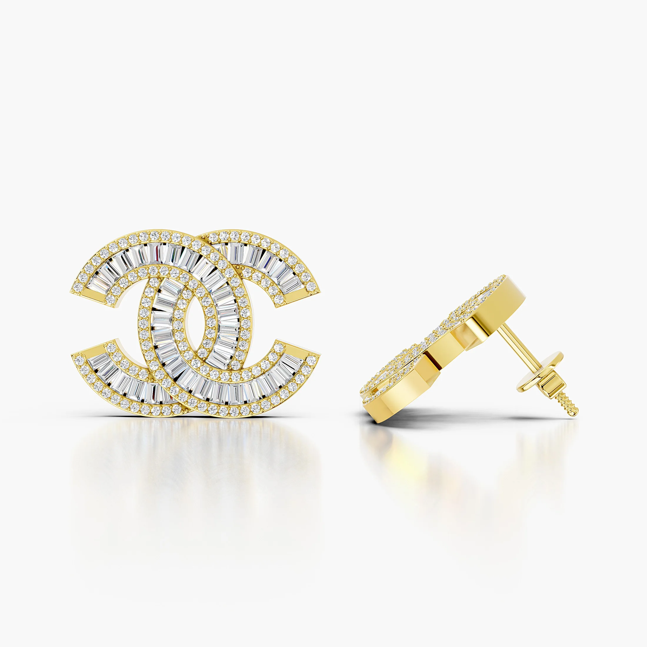 Interlocking motif statement stud earrings with round and tapered baguette diamonds