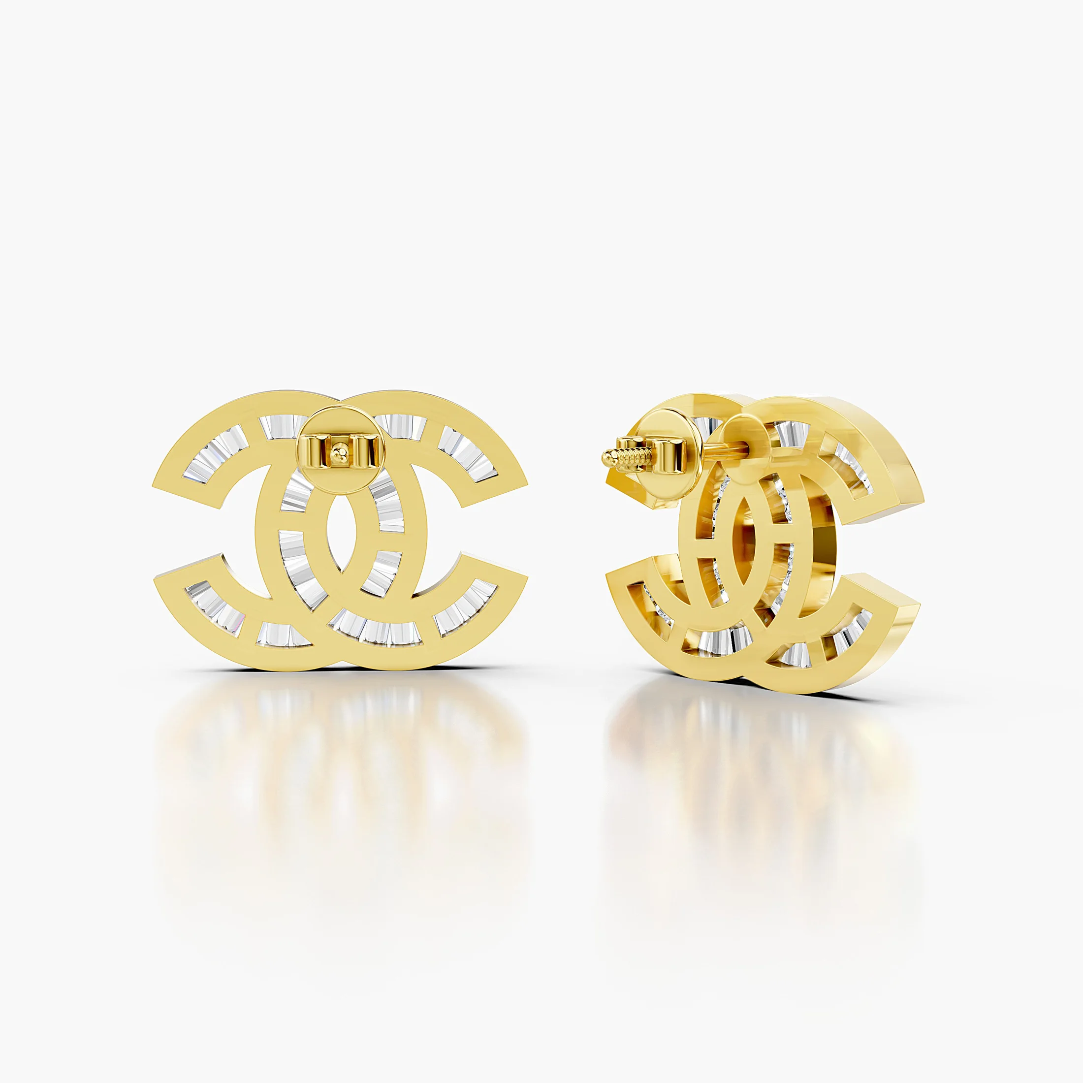 Interlocking motif statement stud earrings with round and tapered baguette diamonds