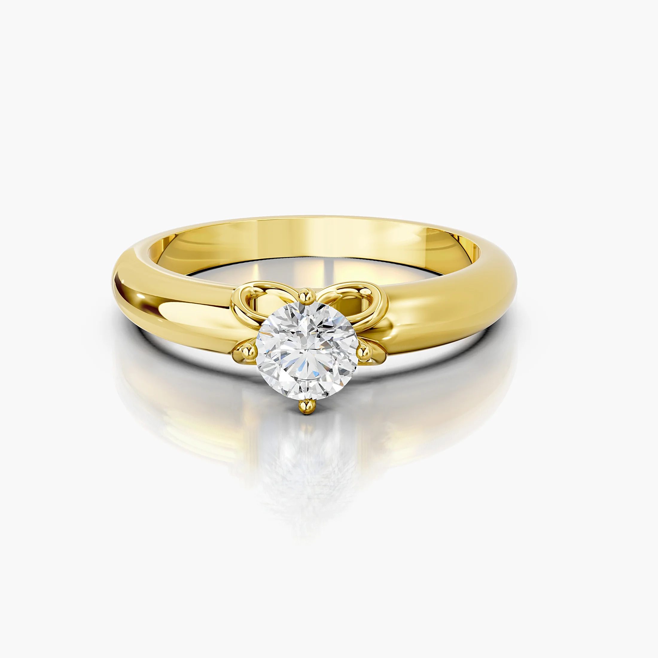 Round diamond solitaire ring with a scrollwork gallery on a polished gold band.