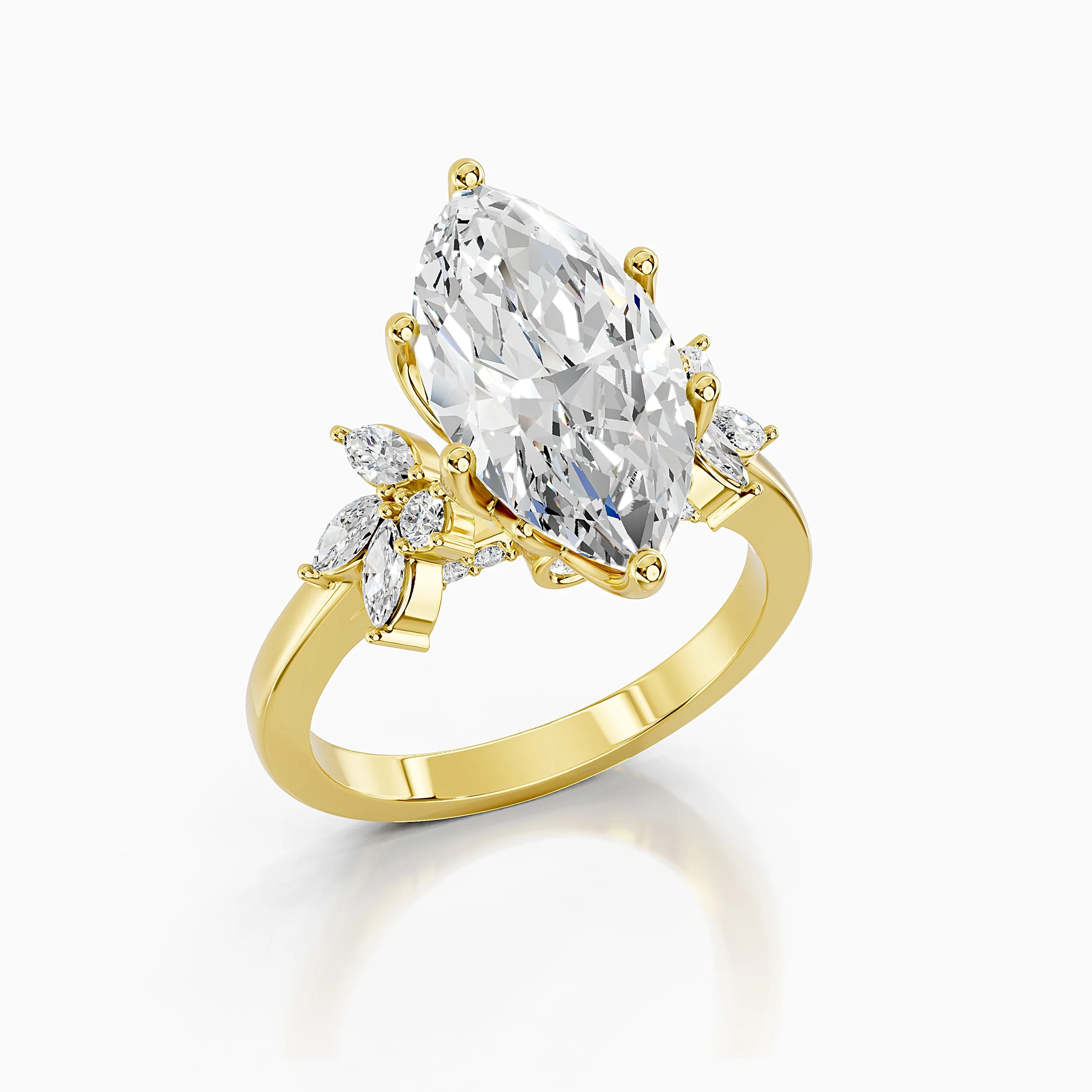 Marquise center-stone engagement ring with clustered round and marquise diamond accents.