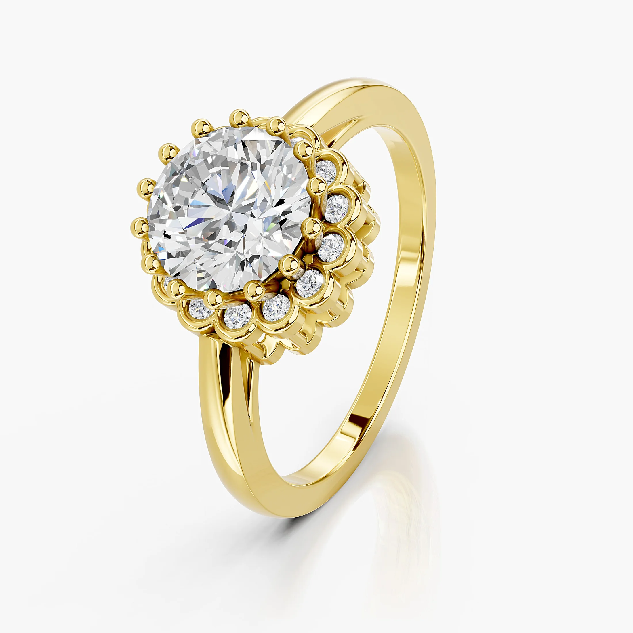 Round center-stone engagement ring with a scalloped halo of round diamonds.