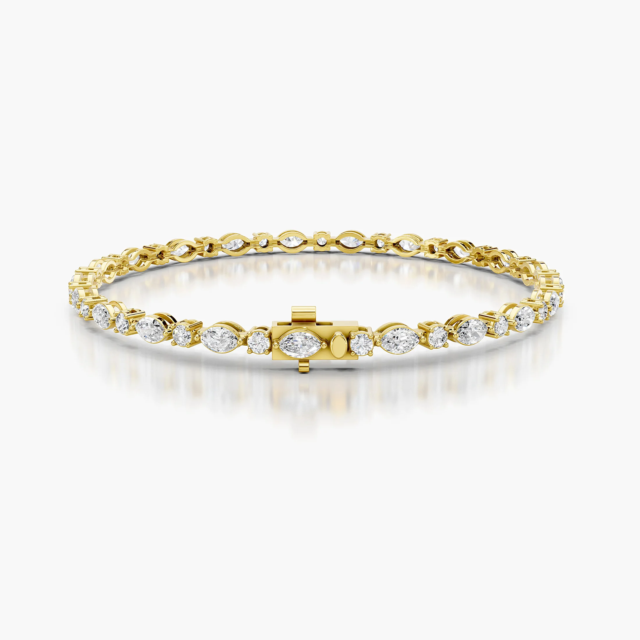 Alternating marquise and round diamond bracelet with articulated single-row links and a concealed box clasp.