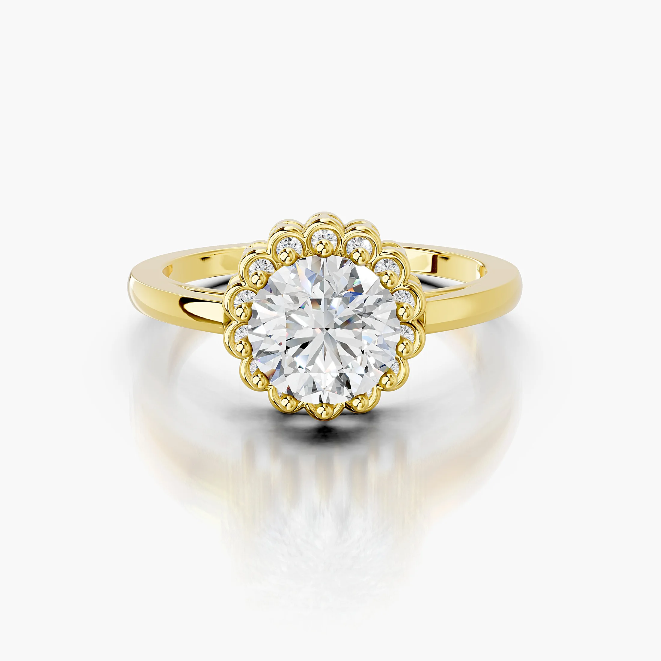Round center-stone engagement ring with a scalloped halo of round diamonds.