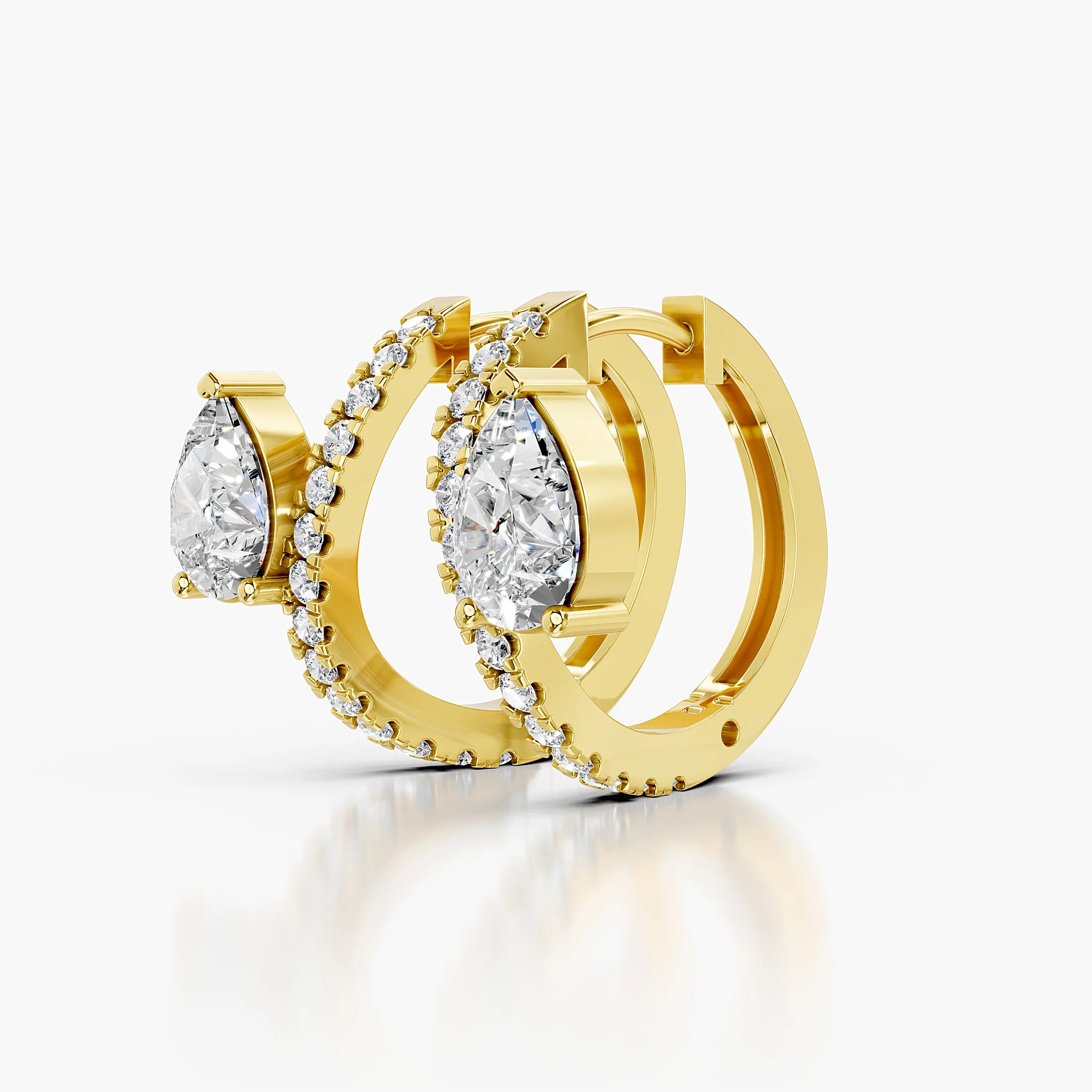 Pair of diamond hoop earrings with pear-shaped focal diamonds and round diamond accents