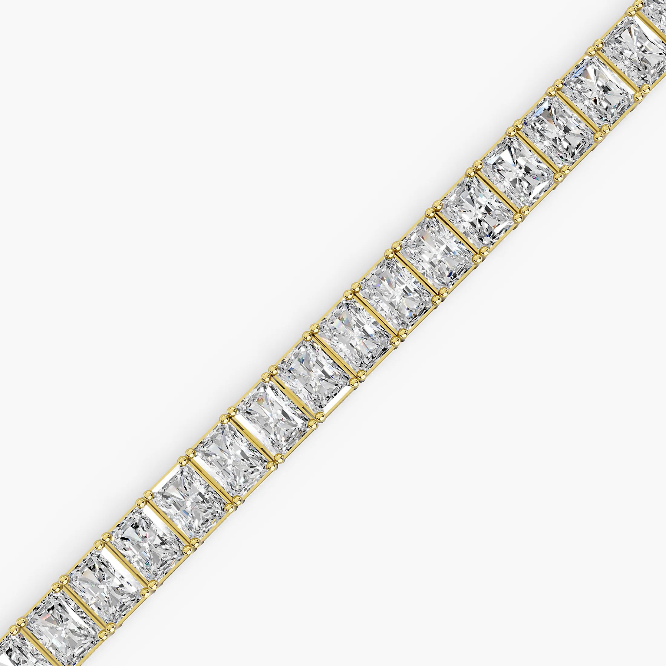 Elongated radiant-cut diamond tennis bracelet with flexible rectangular links and an integrated box clasp with two safety latches.