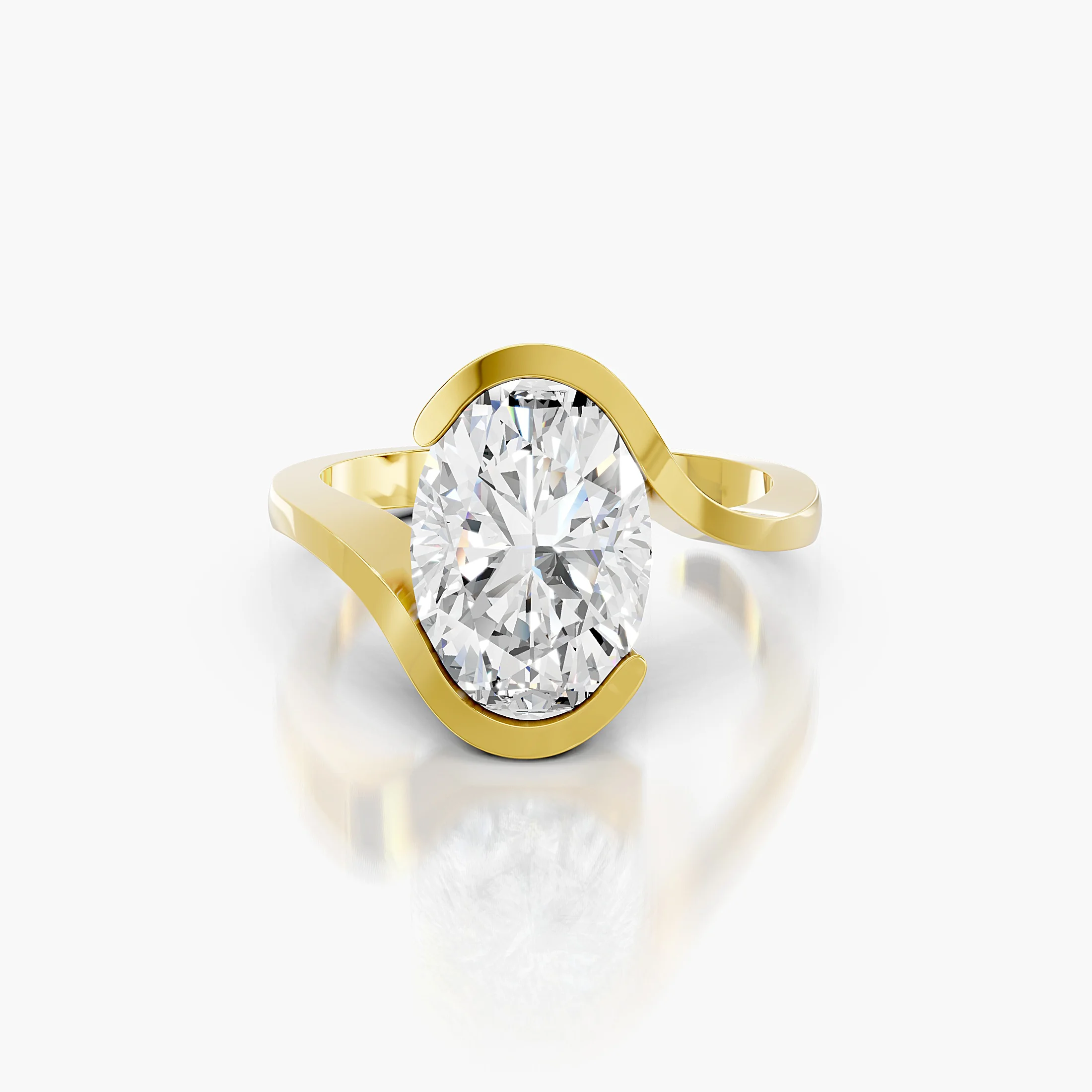Oval-cut diamond solitaire ring set within a sculptural swirl gold band.