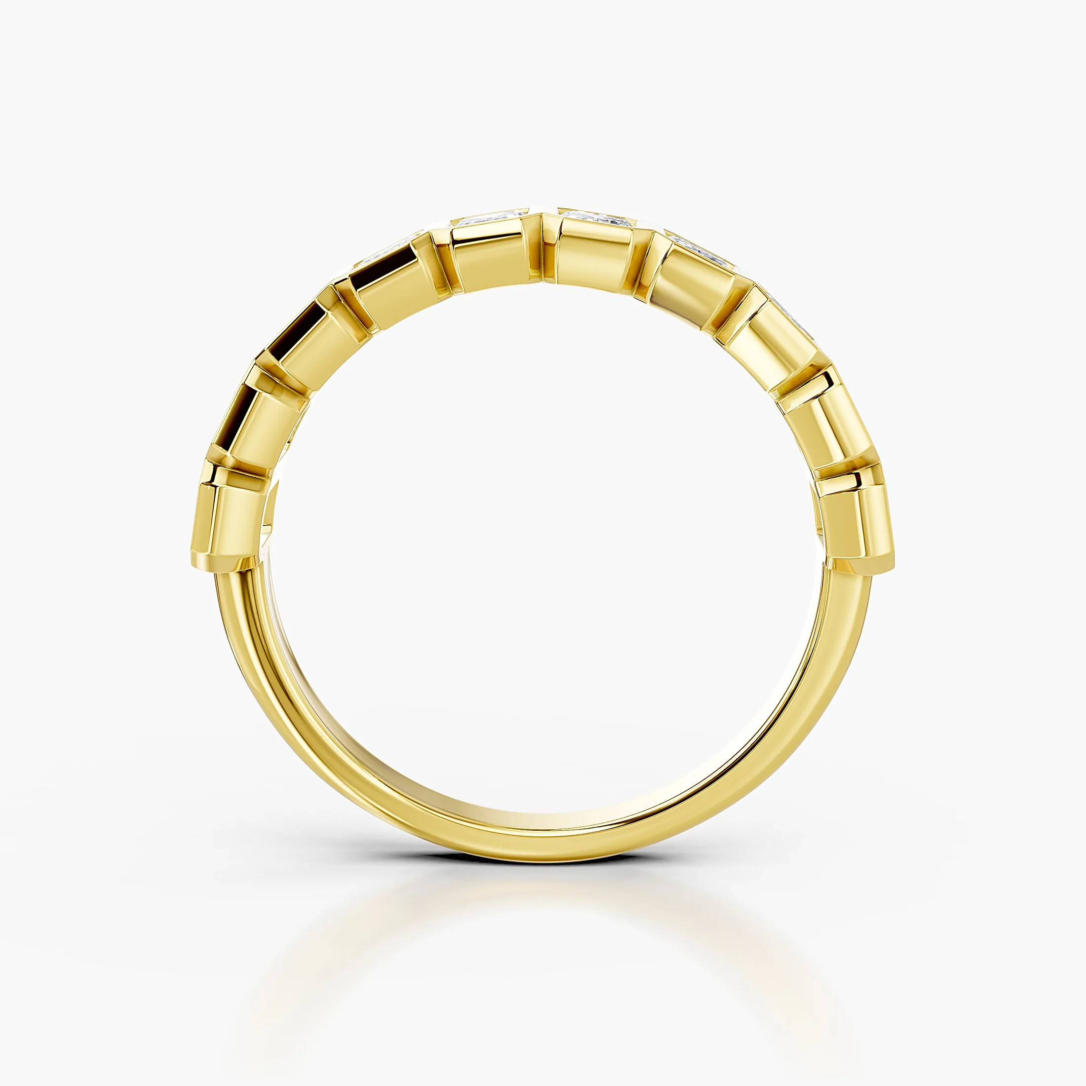 Half-eternity band featuring emerald-cut diamonds set in individual bezels across the ring.