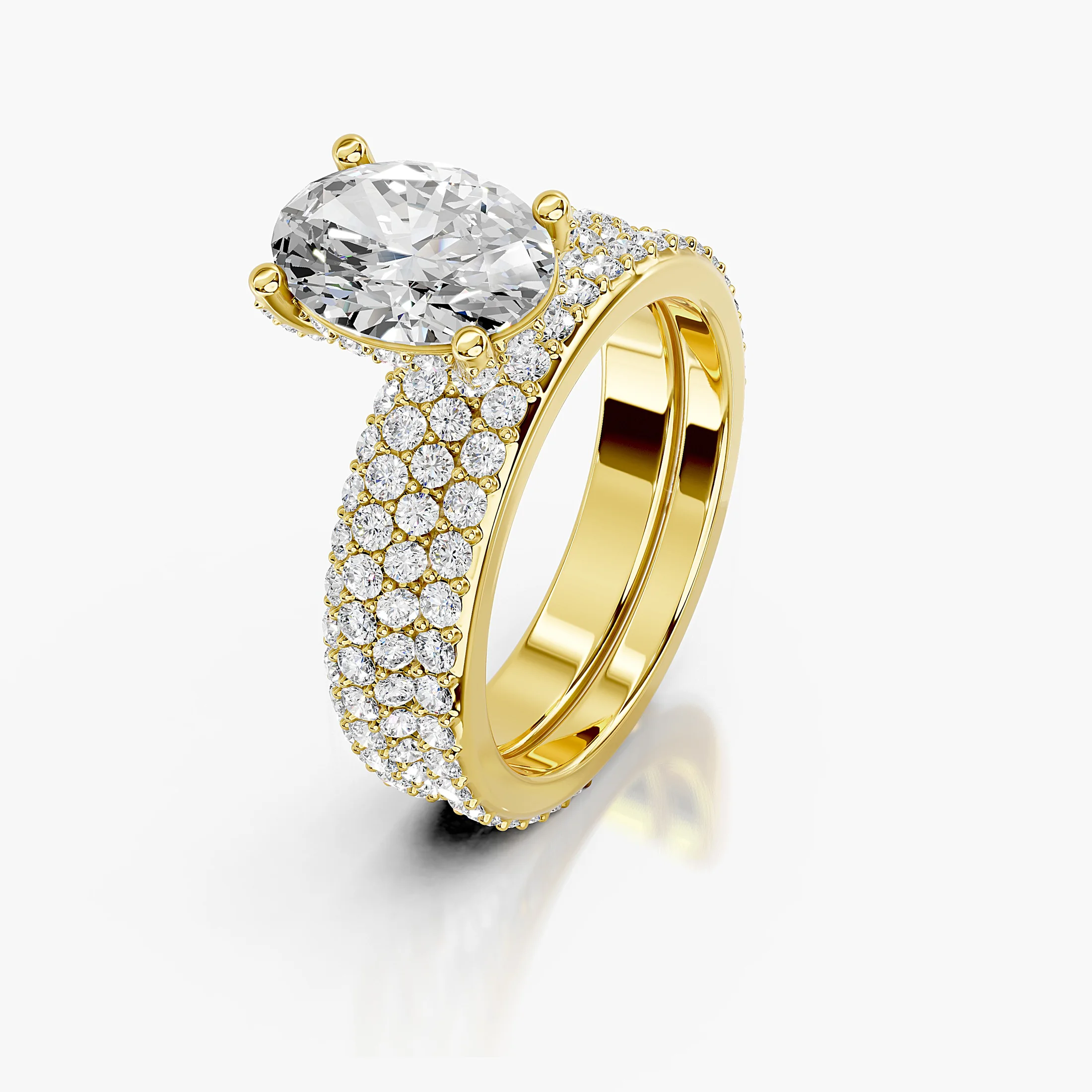 Oval diamond pavé bridal set with a four-prong center and layered curved diamond bands