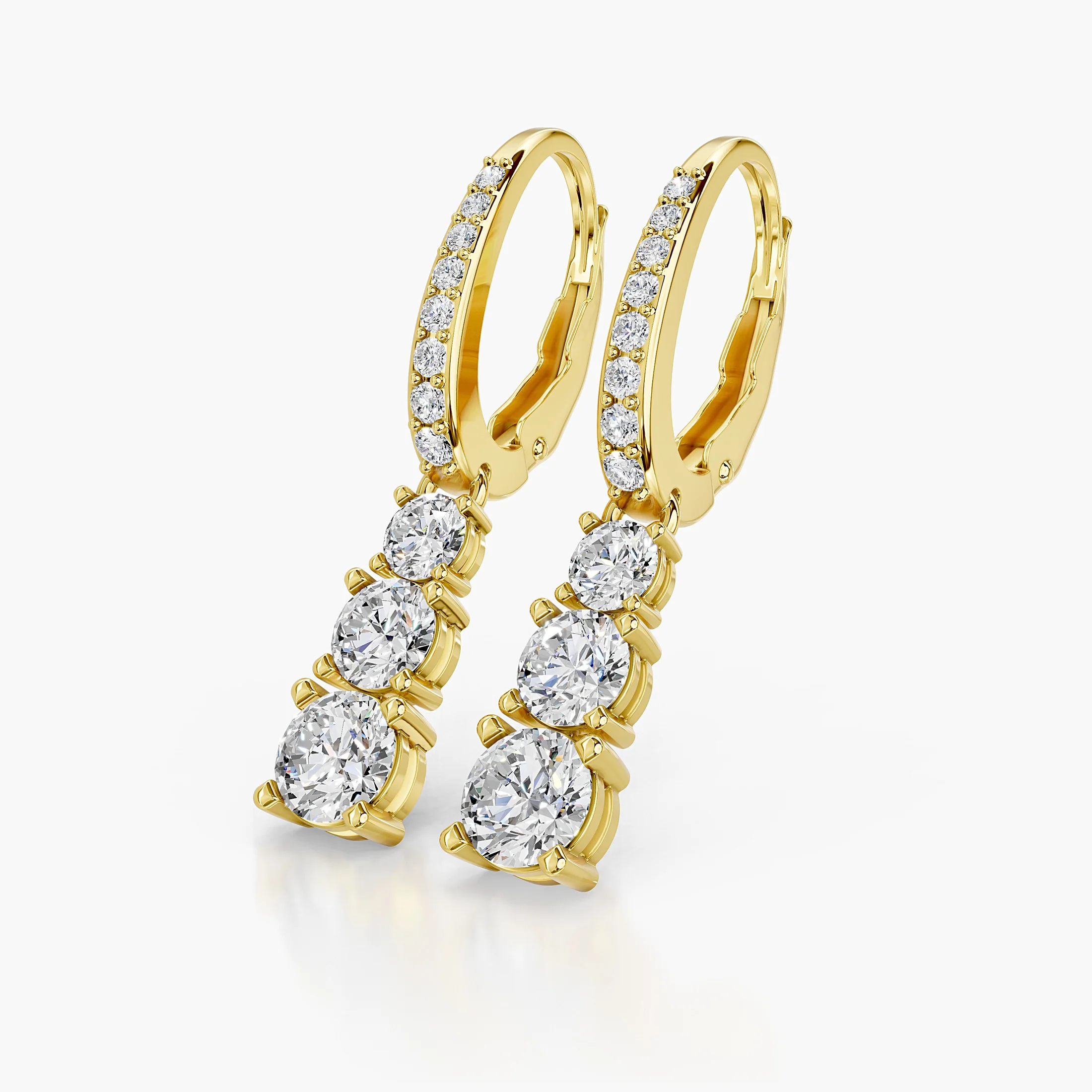 Graduated round diamond drop earrings with leverback clasps