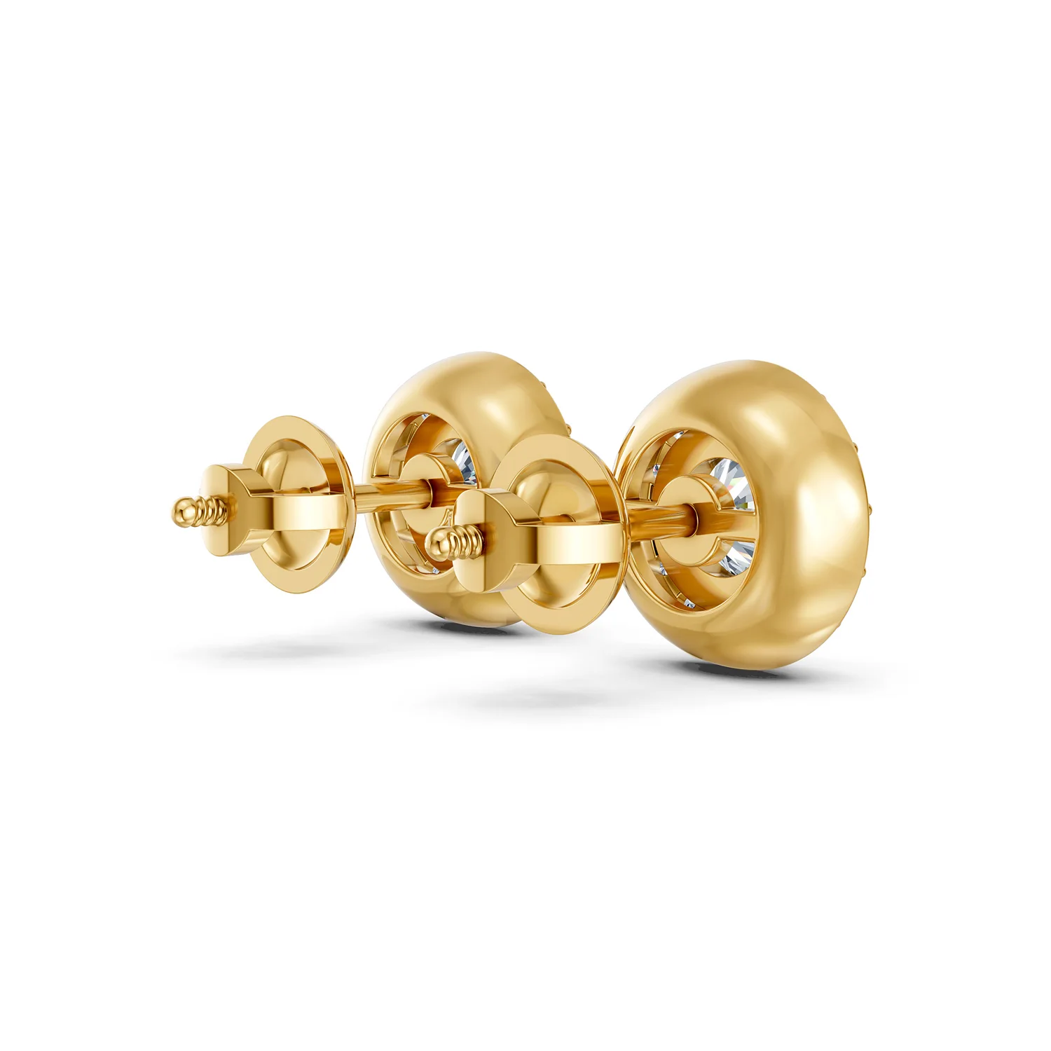 Aurevane round diamond halo stud earrings with large center stones, circular diamond halos, and polished gold settings.