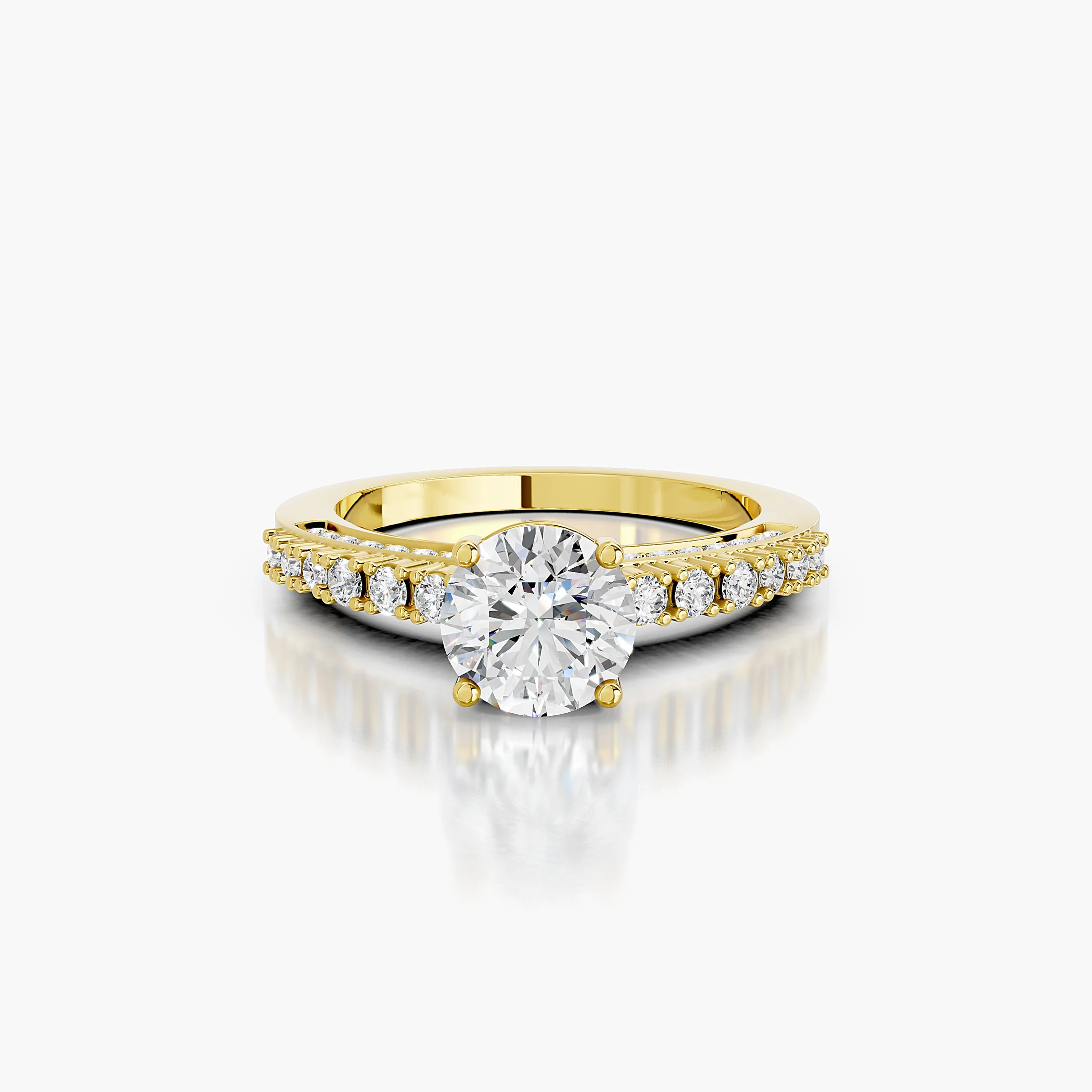 Front view of a round diamond engagement ring with tapered split-shank side diamonds