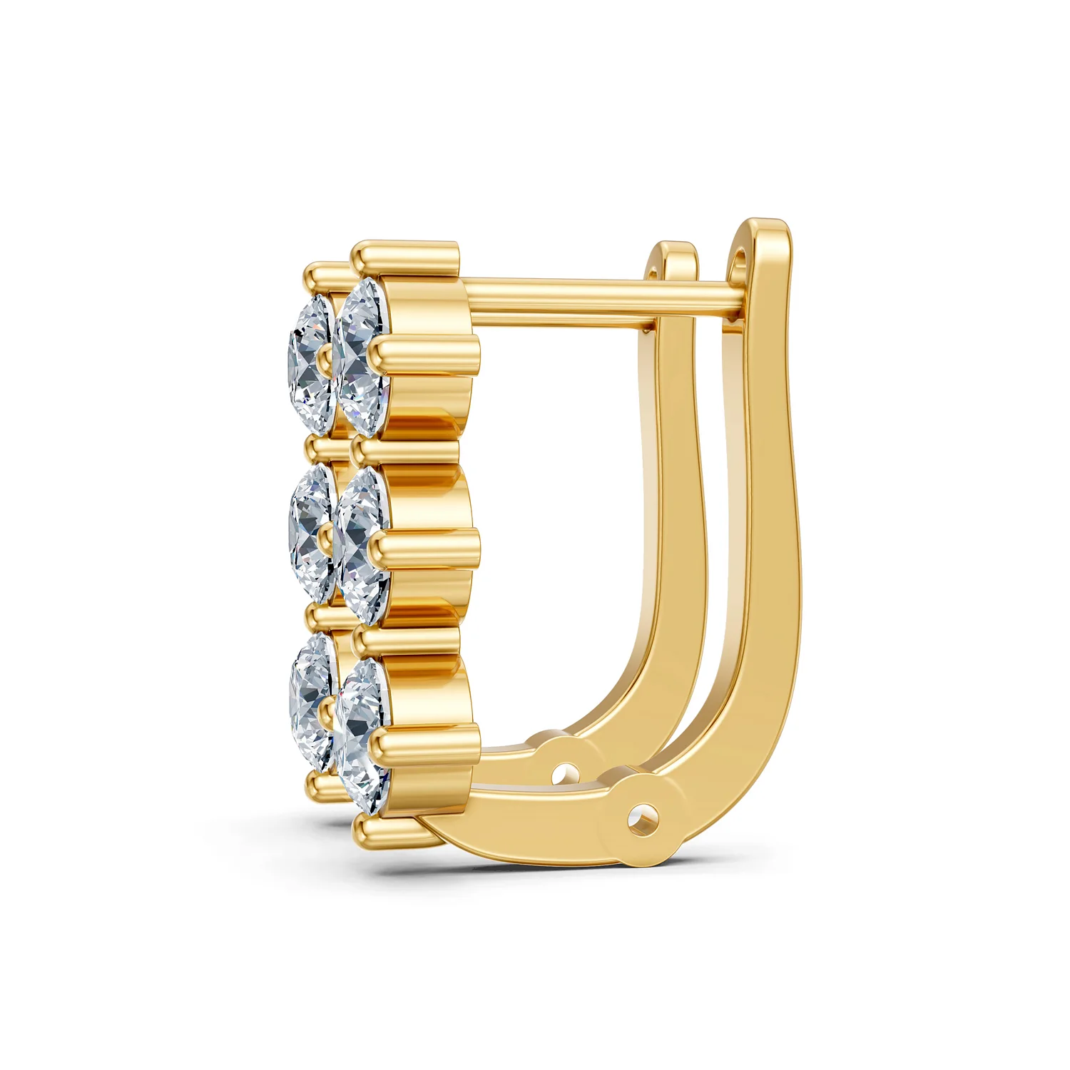 Trivessa three-stone diamond huggie earrings with vertical round diamonds and polished hinged gold frames.