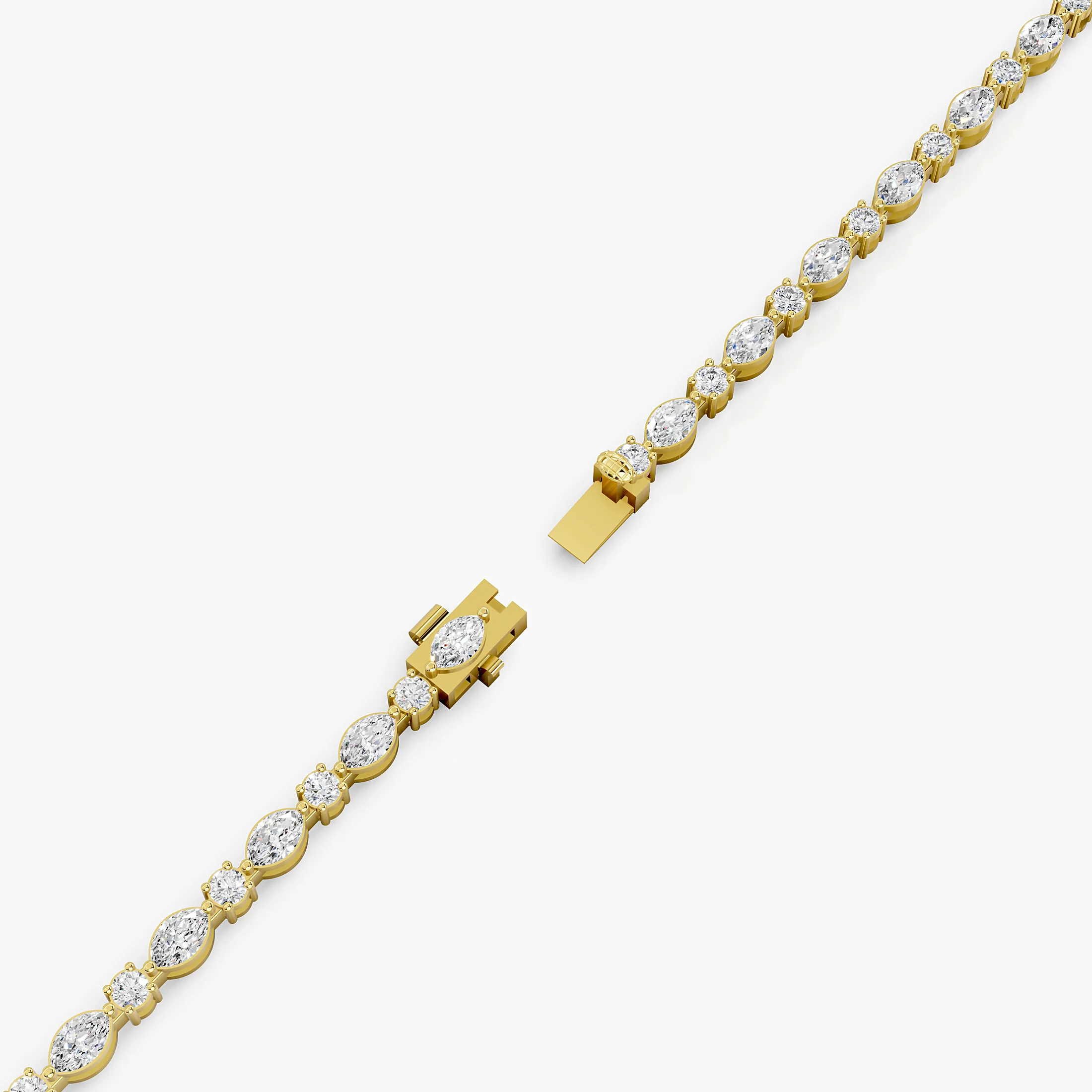 Alternating marquise and round diamond bracelet with articulated single-row links and a concealed box clasp.