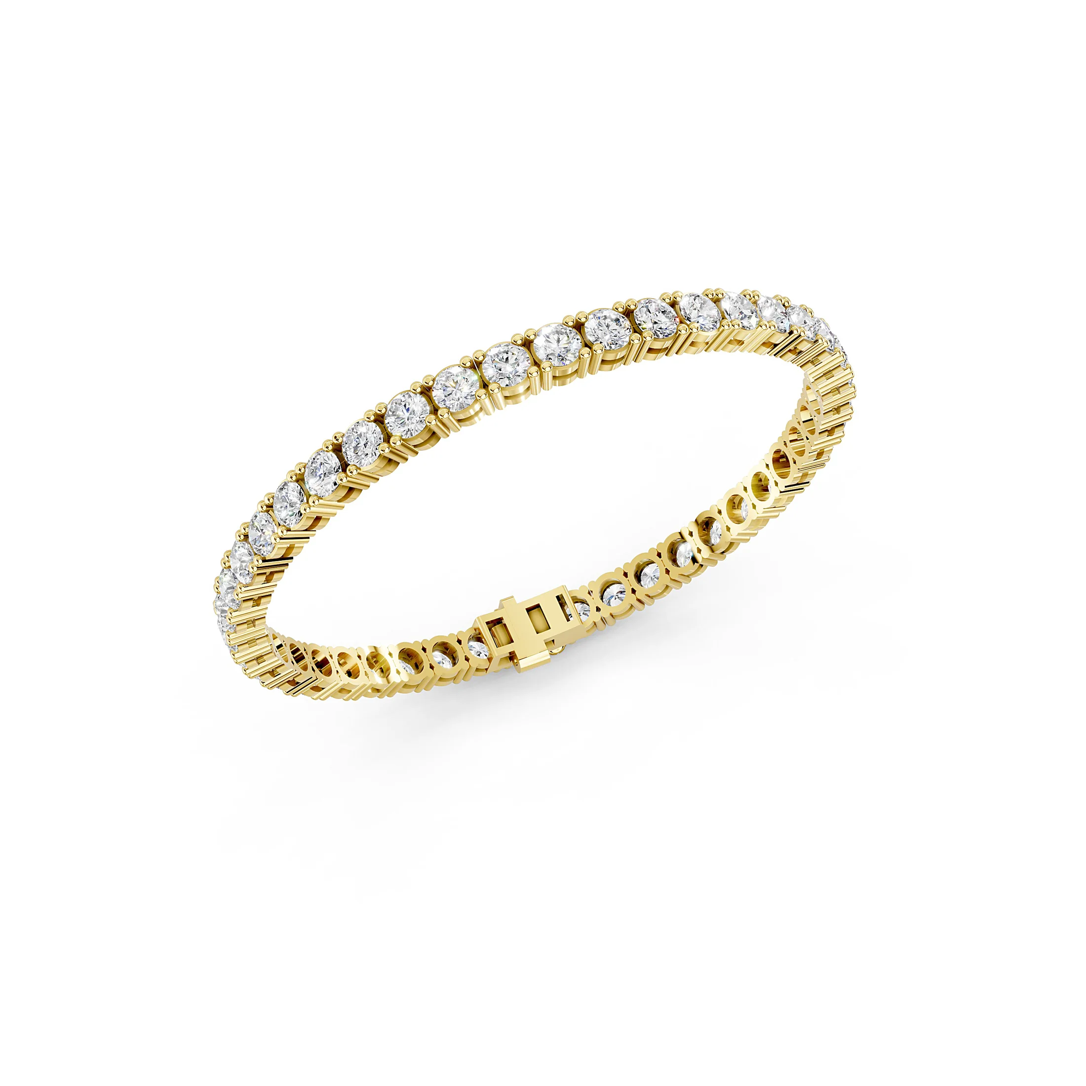 Eight-inch round diamond tennis bracelet with flexible four-prong links and an integrated box-style clasp.
